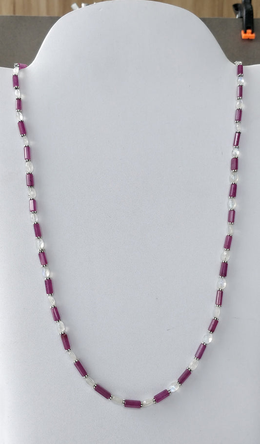 Raspberry Sapphire & Rainbow Moonstone Gemstone Fancy Cut NECKLACE: 105.00gms Natural Untreated Pencil 925 Sterling Silver 4.5mm - 11mm 20"