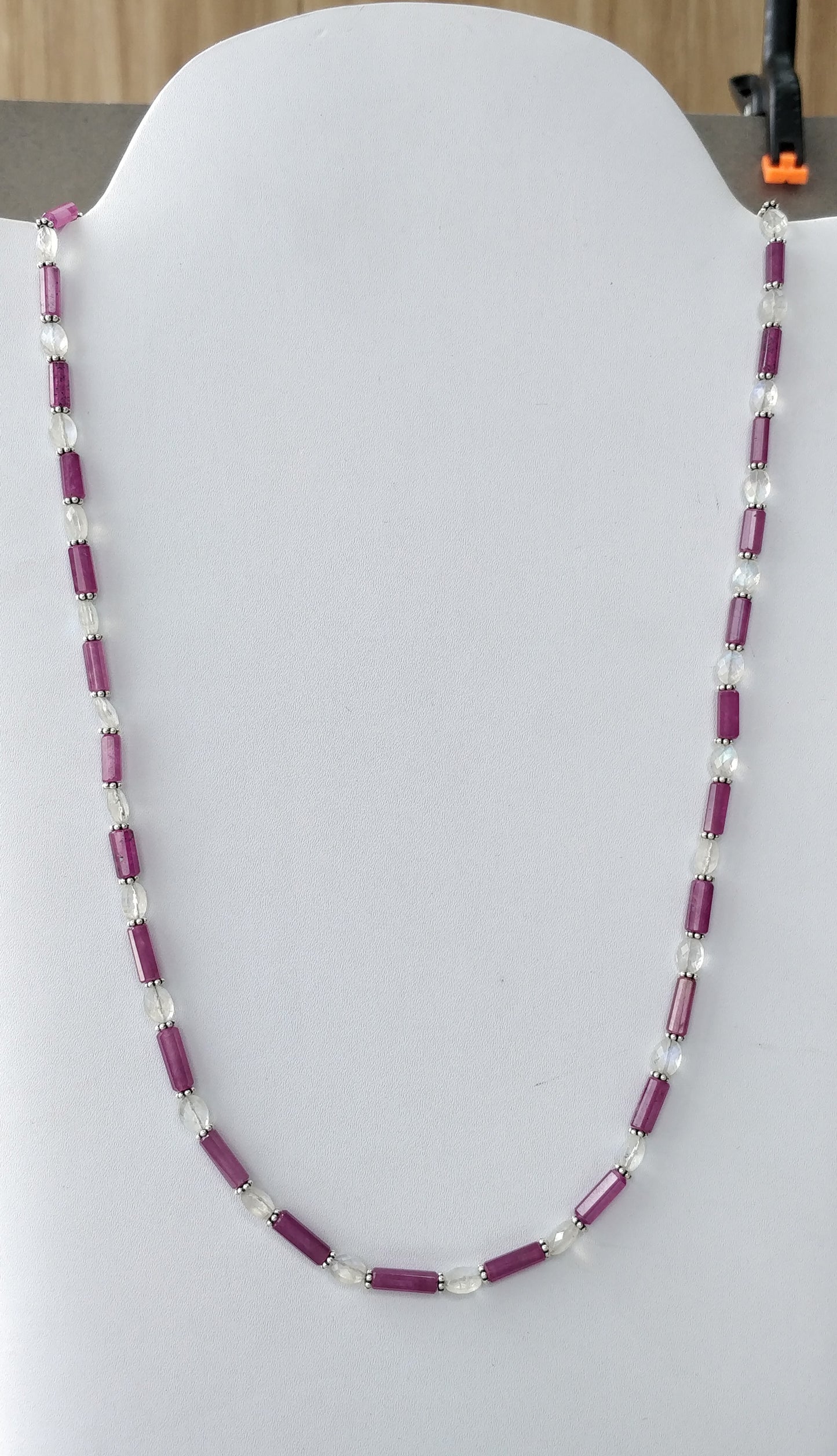 Raspberry Sapphire & Rainbow Moonstone Gemstone Fancy Cut NECKLACE: 105.75gm Natural Untreated Pencil 925 Sterling Silver 7*5mm - 11mm 19.5"