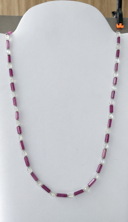 Raspberry Sapphire & Rainbow Moonstone Gemstone Fancy Cut NECKLACE: 105.75gm Natural Untreated Pencil 925 Sterling Silver 7*5mm - 11mm 19.5"