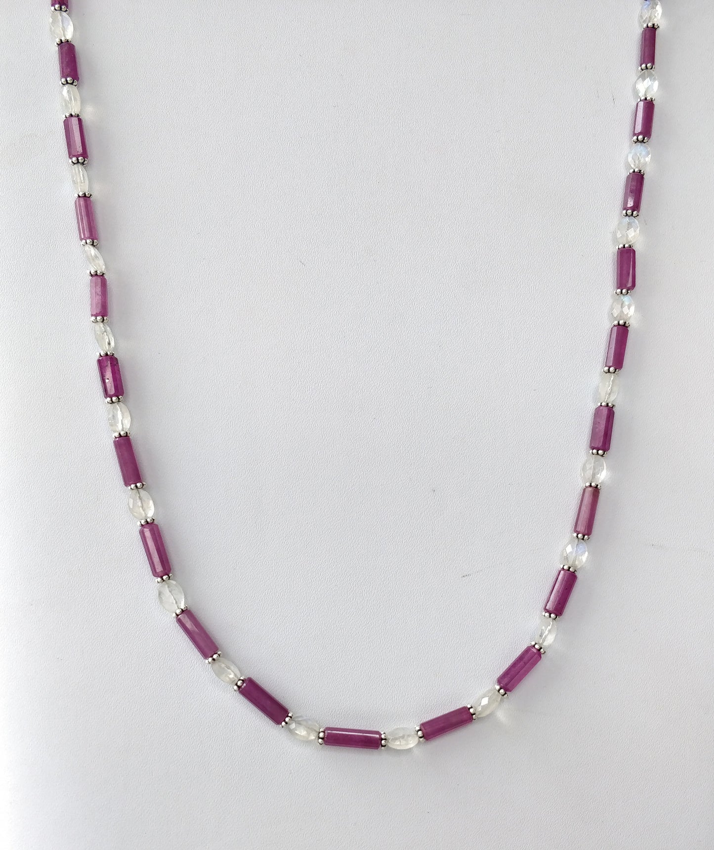 Raspberry Sapphire & Rainbow Moonstone Gemstone Fancy Cut NECKLACE: 105.75gm Natural Untreated Pencil 925 Sterling Silver 7*5mm - 11mm 19.5"
