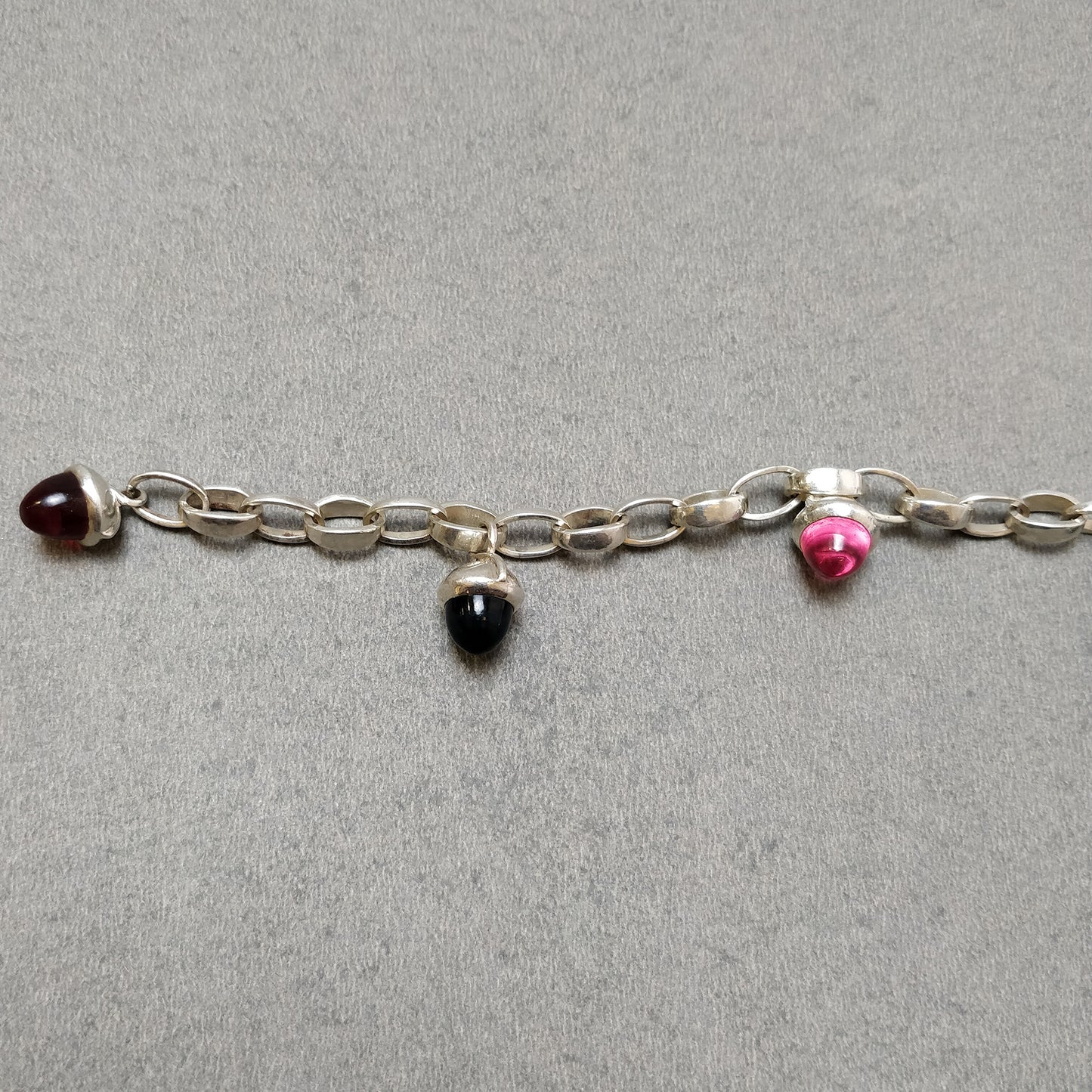925 Sterling Silver Bracelet : 21.25gm Pink & Blue Rhinestone 6 Mini Bullets With Clasp Look Chain Bracelet 8.5"