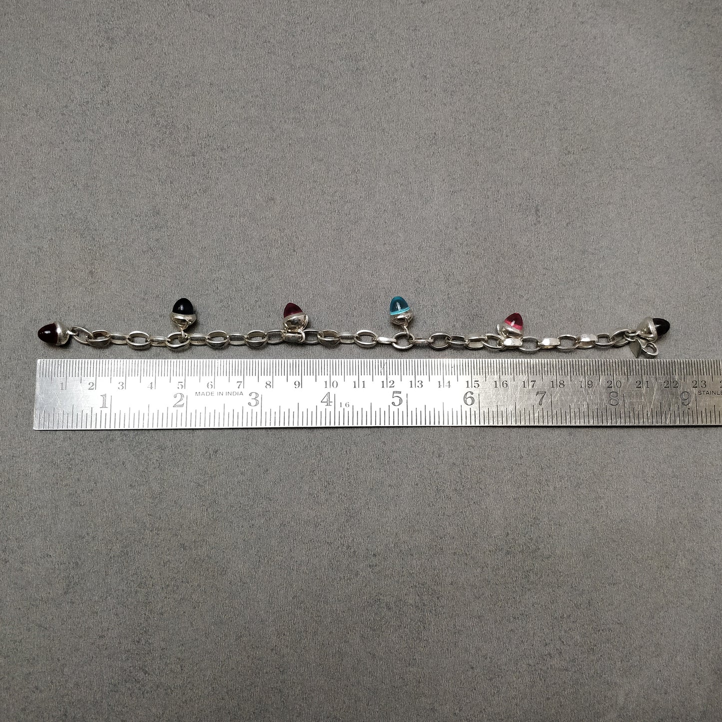 925 Sterling Silver Bracelet : 21.25gm Pink & Blue Rhinestone 6 Mini Bullets With Clasp Look Chain Bracelet 8.5"