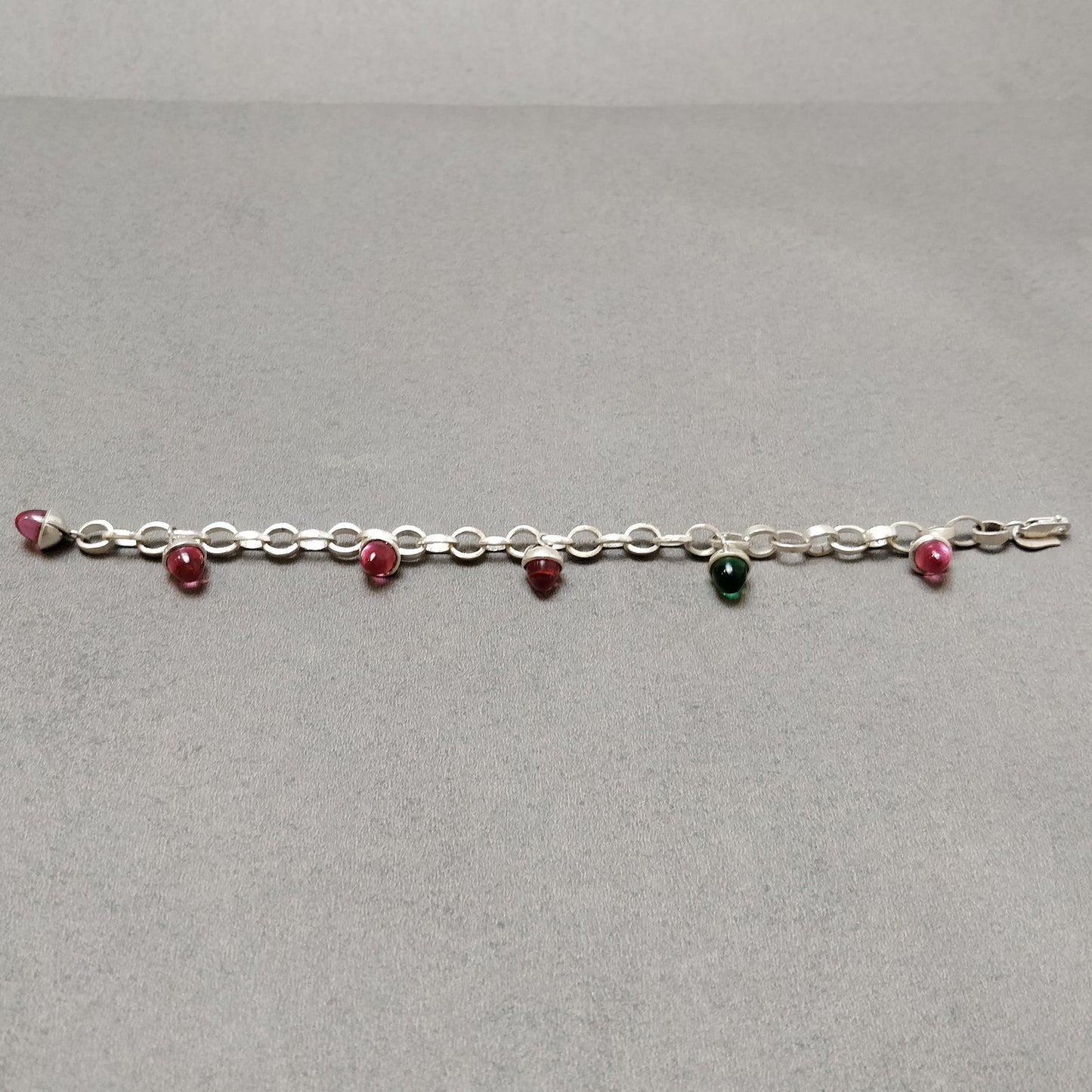 925 Sterling Silver Bracelet : 21.99gm Pink & Green Rhinestone 6 Mini Bullets With Clasp Look Chain Bracelet 8.5"