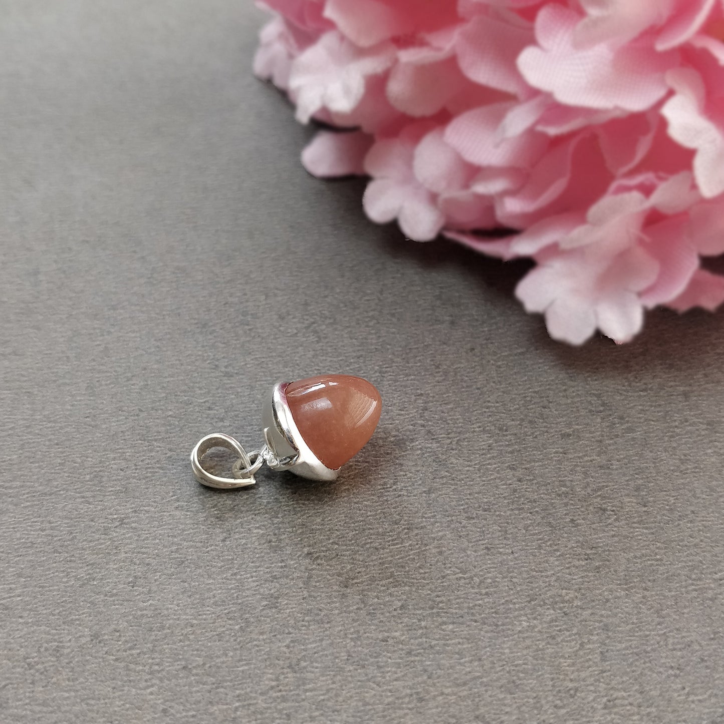 Peach Moonstone Gemstone 925 Sterling Silver Pendant : 3.95gms(Approx) Fashion Regular Size Bullet Pendant With Normal Loop 1" Gift For Her