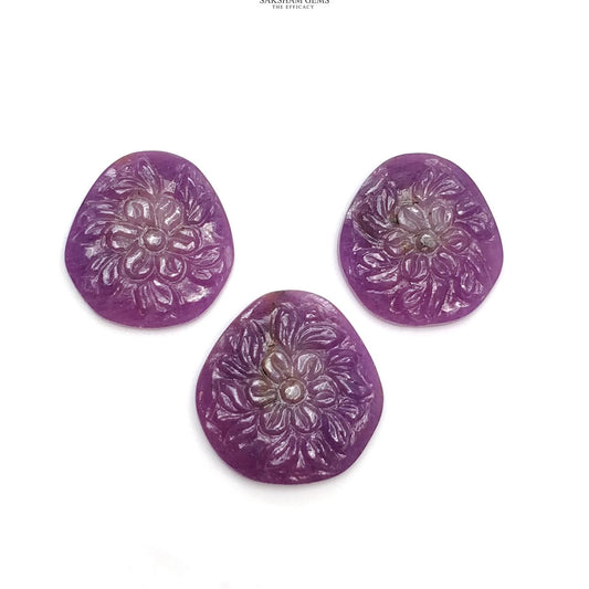 Purple Sapphire Gemstone Carving : 52.40cts Natural Untreated Sapphire Hand Carved Uneven Shape 20.5*19mm - 22*21mm 3pcs