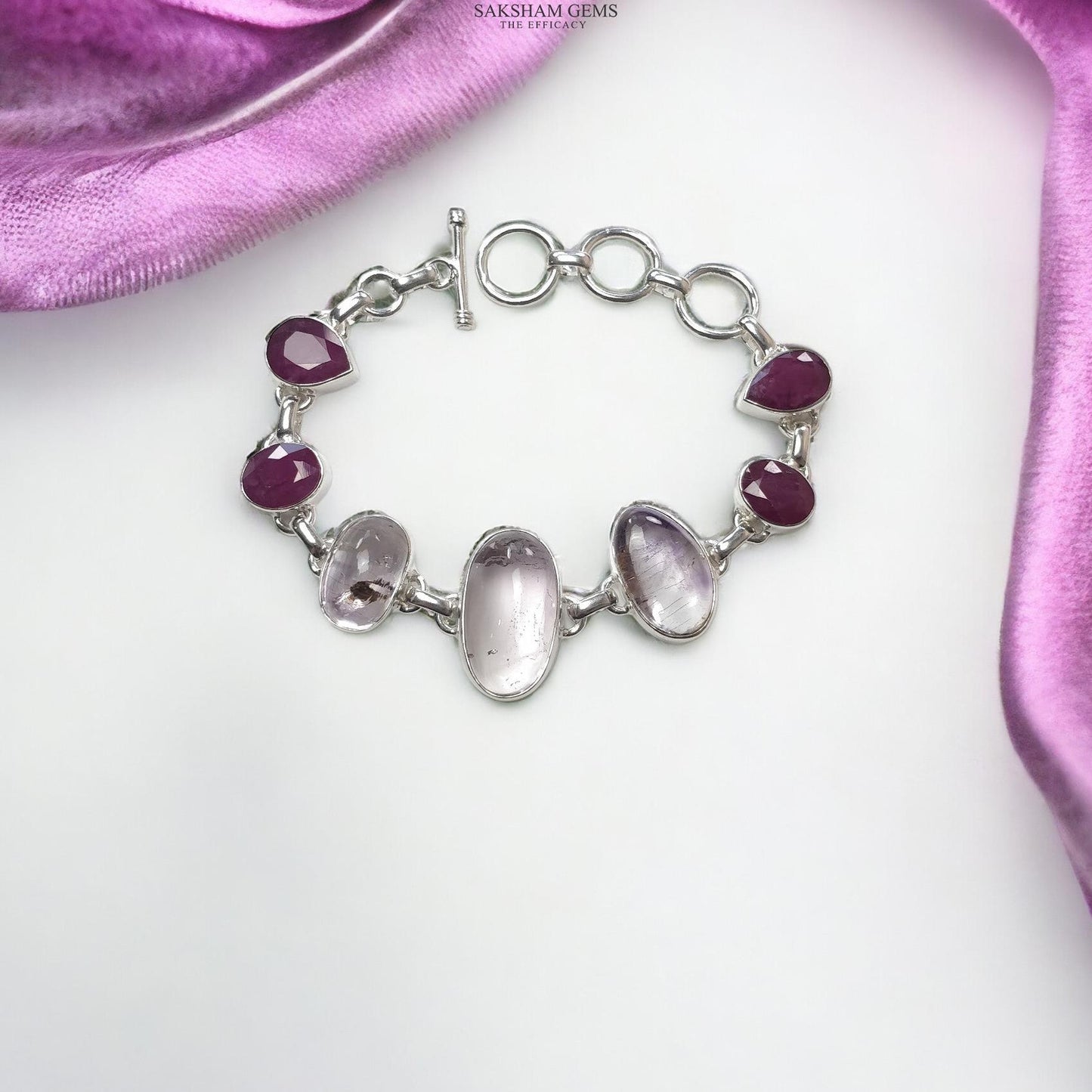 925 Sterling Silver Bracelet : Natural Purple AMETHYST & Glass Filled RED RUBY Gemstones Rhodium Plated Bezel Set Braclet 8"