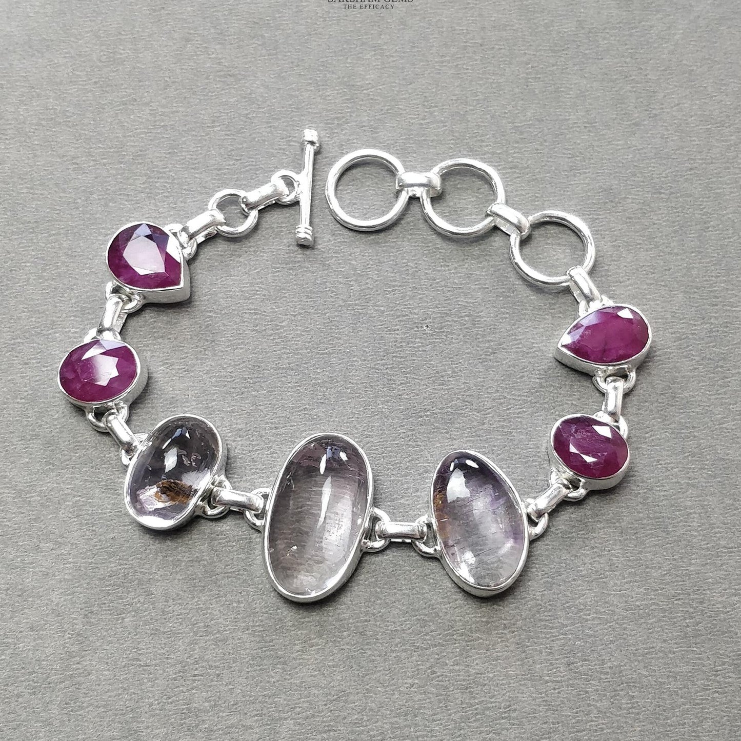 925 Sterling Silver Bracelet : Natural Purple AMETHYST & Glass Filled RED RUBY Gemstones Rhodium Plated Bezel Set Braclet 8"