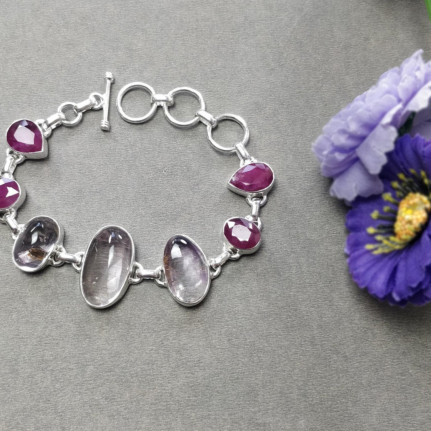 925 Sterling Silver Bracelet : Natural Purple AMETHYST & Glass Filled RED RUBY Gemstones Rhodium Plated Bezel Set Braclet 8"