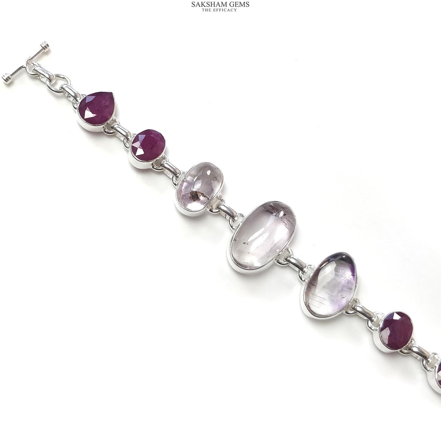 925 Sterling Silver Bracelet : Natural Purple AMETHYST & Glass Filled RED RUBY Gemstones Rhodium Plated Bezel Set Braclet 8"
