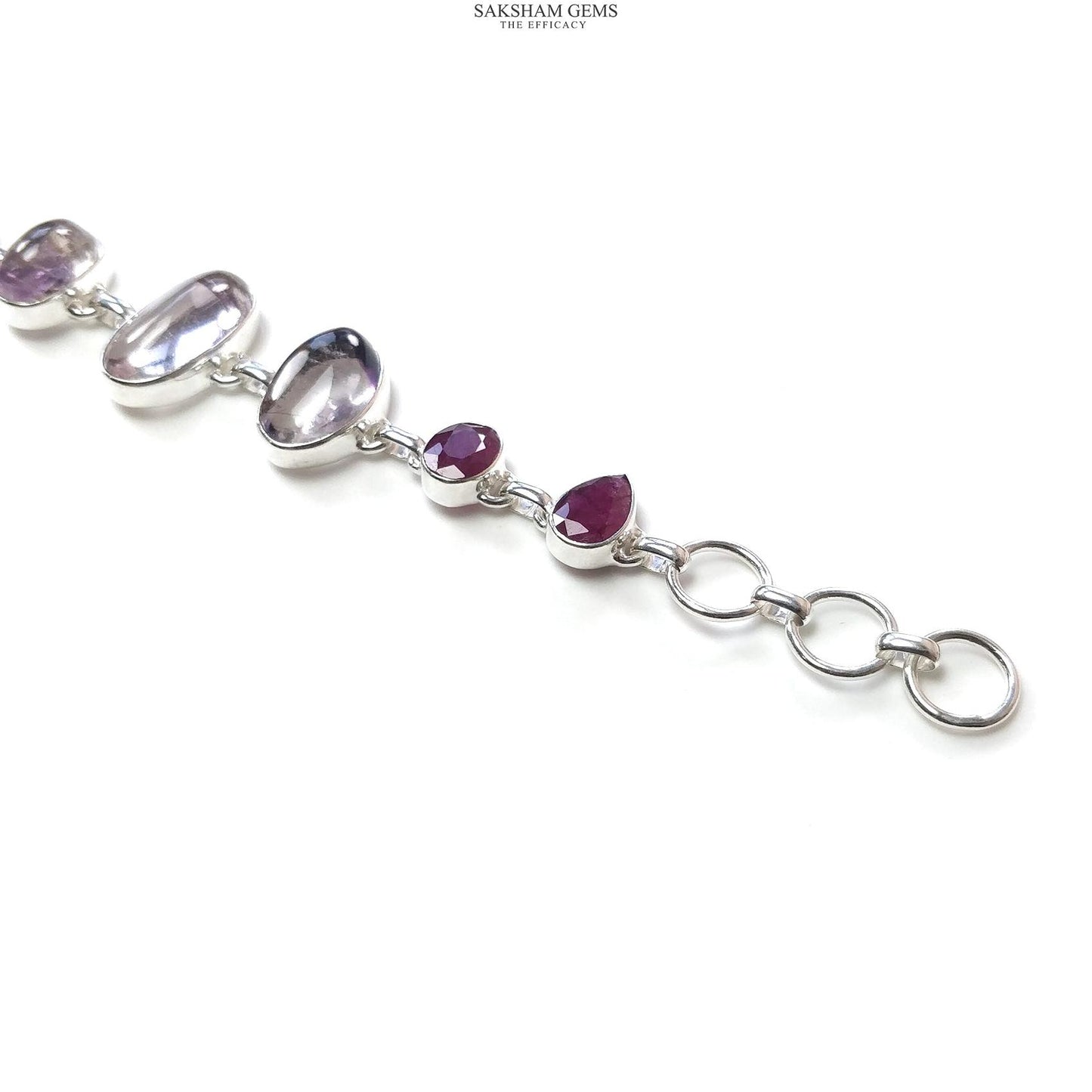 925 Sterling Silver Bracelet : Natural Purple AMETHYST & Glass Filled RED RUBY Gemstones Rhodium Plated Bezel Set Braclet 8"