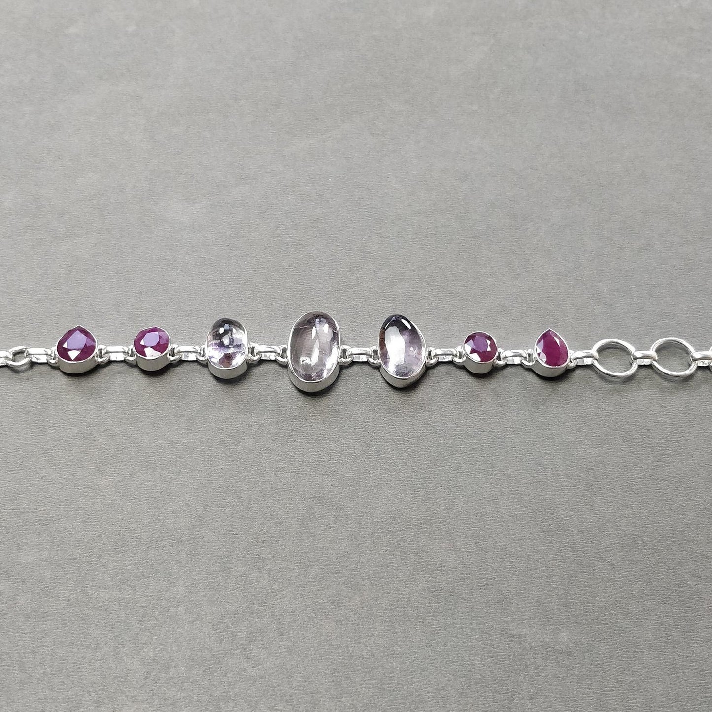 925 Sterling Silver Bracelet : Natural Purple AMETHYST & Glass Filled RED RUBY Gemstones Rhodium Plated Bezel Set Braclet 8"