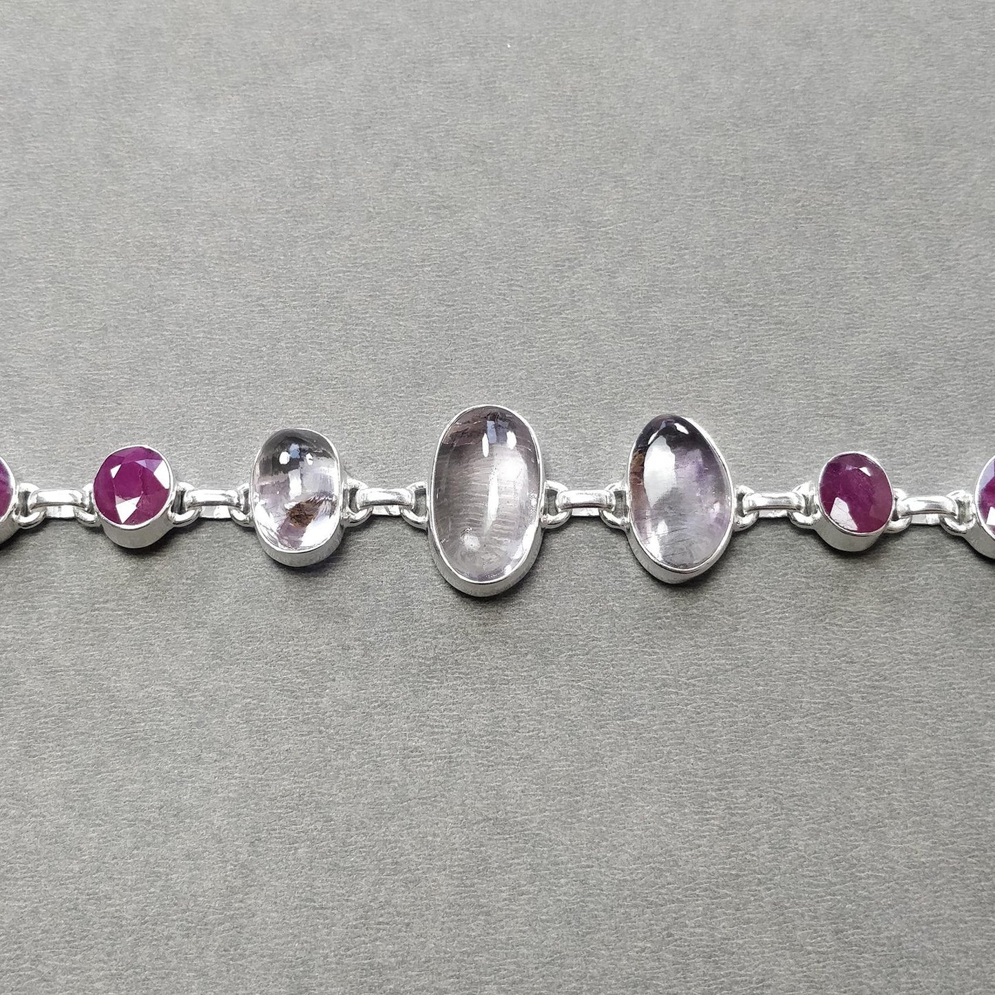 925 Sterling Silver Bracelet : Natural Purple AMETHYST & Glass Filled RED RUBY Gemstones Rhodium Plated Bezel Set Braclet 8"