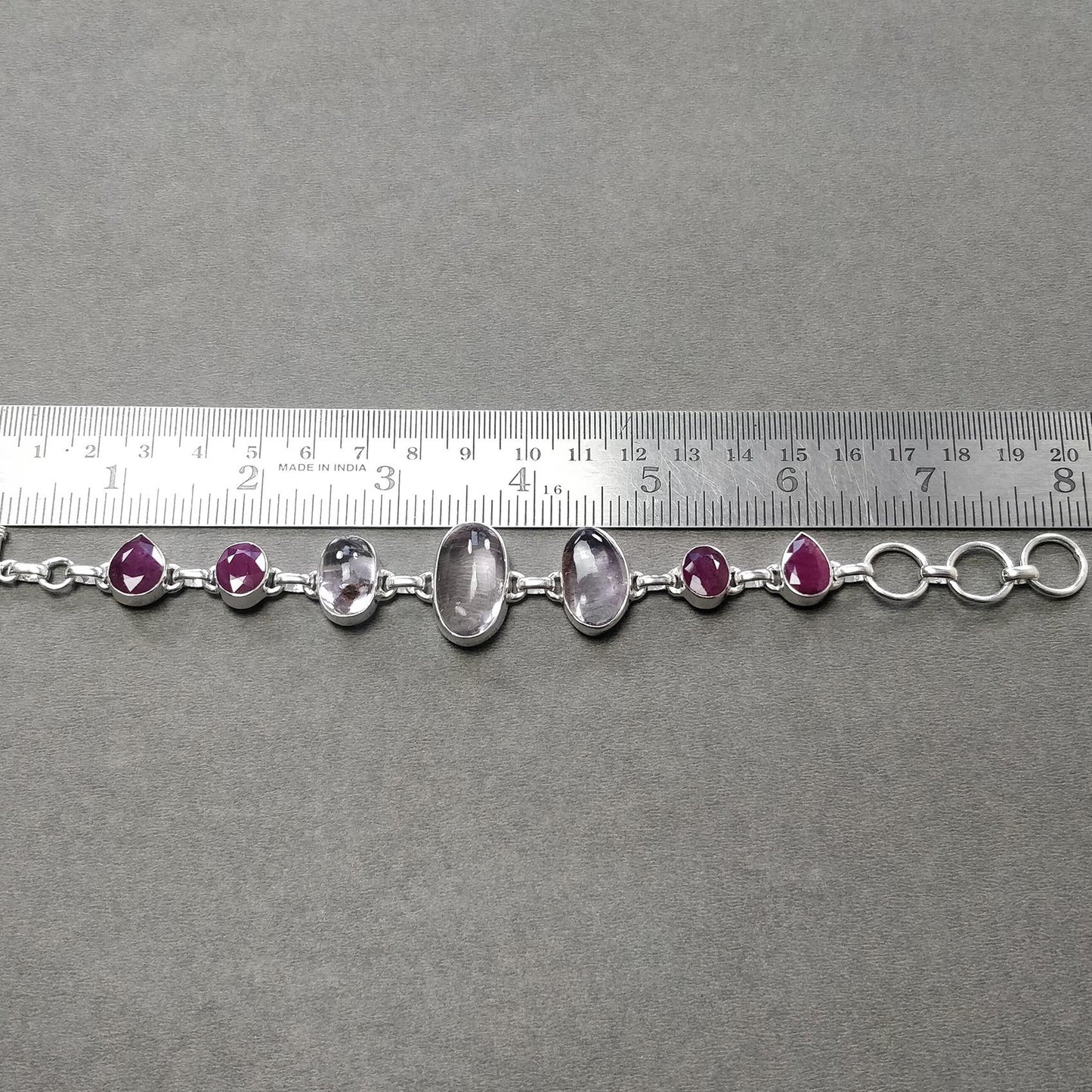 925 Sterling Silver Bracelet : Natural Purple AMETHYST & Glass Filled RED RUBY Gemstones Rhodium Plated Bezel Set Braclet 8"