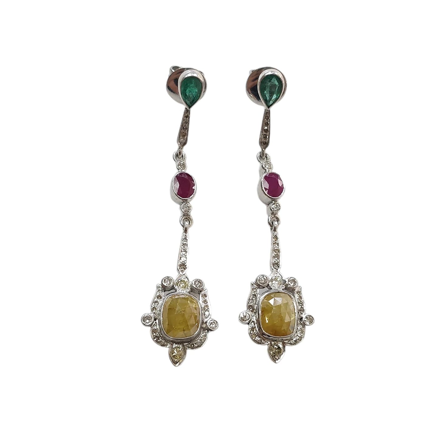 Ruby Sapphire Emerald & DIAMOND Gemstone Earring : 2.15" 925 Sterling Silver Natural Drop Dangle Push Back Bezel Set Earring for Gift