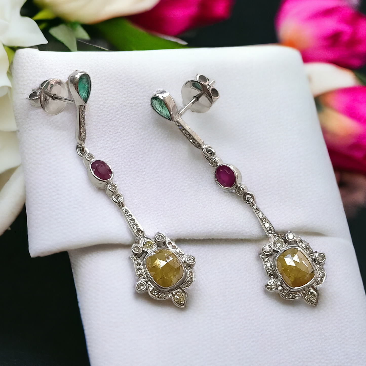 Ruby Sapphire Emerald & DIAMOND Gemstone Earring : 2.15" 925 Sterling Silver Natural Drop Dangle Push Back Bezel Set Earring for Gift