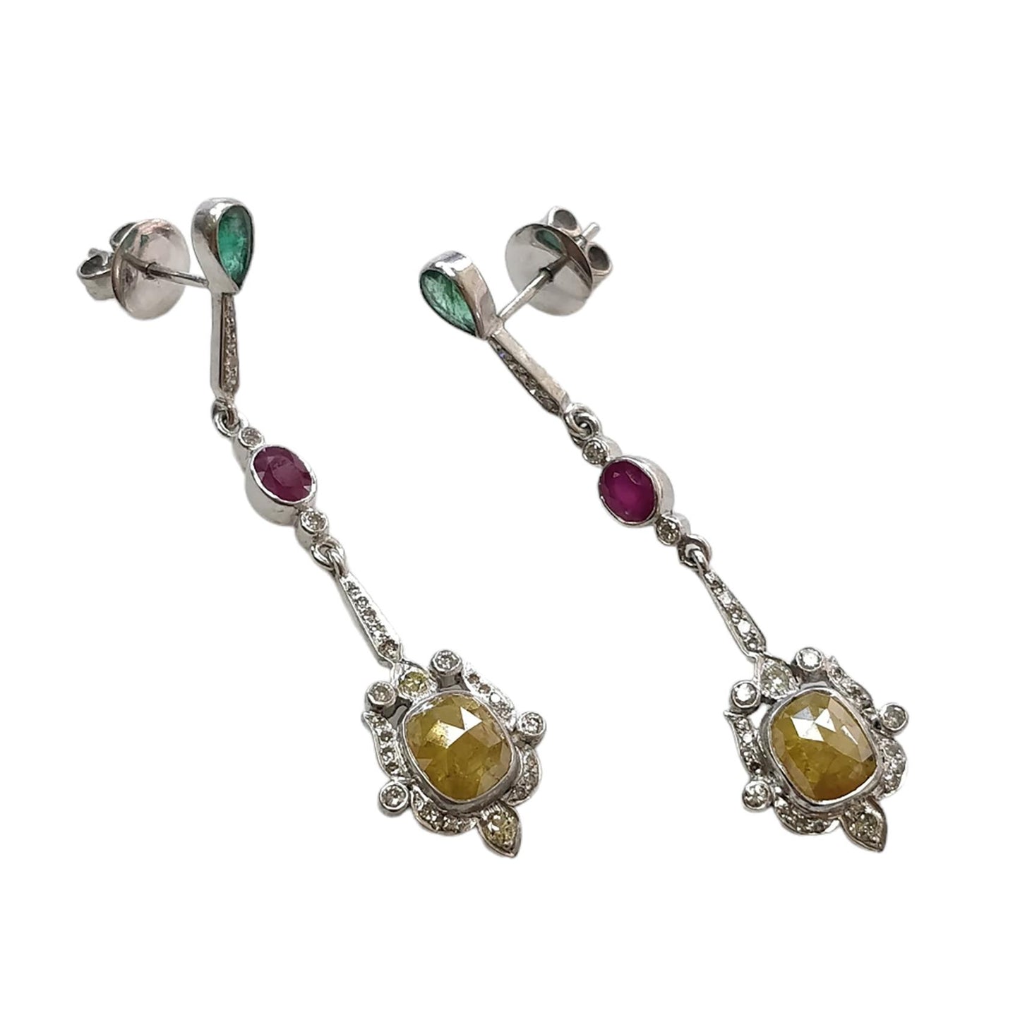 Ruby Sapphire Emerald & DIAMOND Gemstone Earring : 2.15" 925 Sterling Silver Natural Drop Dangle Push Back Bezel Set Earring for Gift