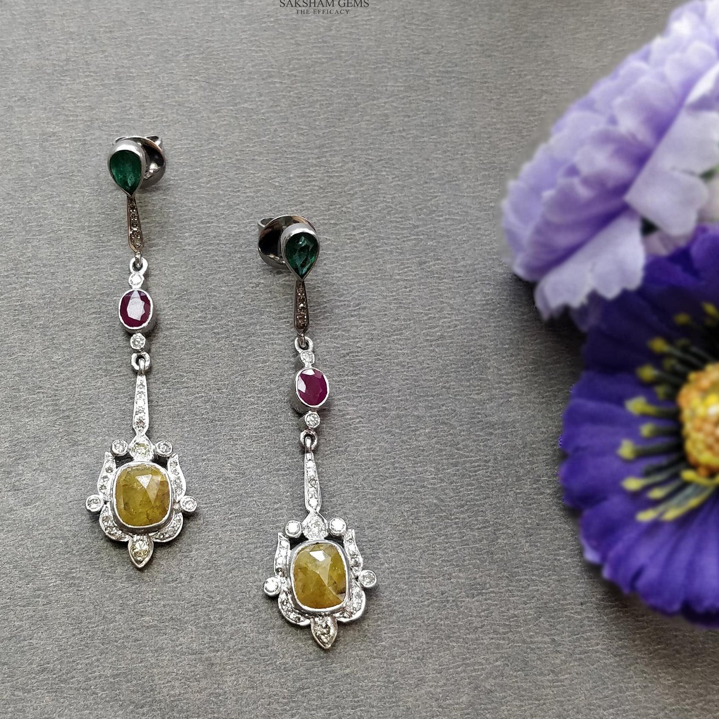 Ruby Sapphire Emerald & DIAMOND Gemstone Earring : 2.15" 925 Sterling Silver Natural Drop Dangle Push Back Bezel Set Earring for Gift