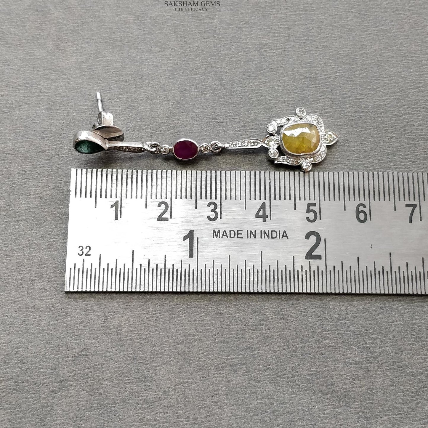 Ruby Sapphire Emerald & DIAMOND Gemstone Earring : 2.15" 925 Sterling Silver Natural Drop Dangle Push Back Bezel Set Earring for Gift