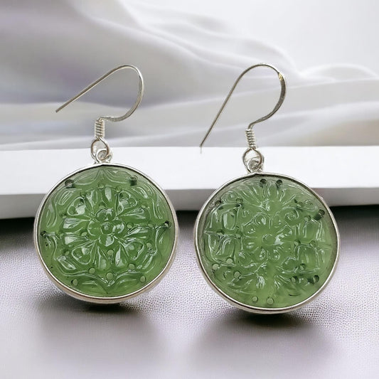 SERPENTINE Gemstone 925 Sterling Silver Earrings : 6.45gms(Approx) Natural Untreated Drop Dangle Round Shape Hook Earrings 1.75"