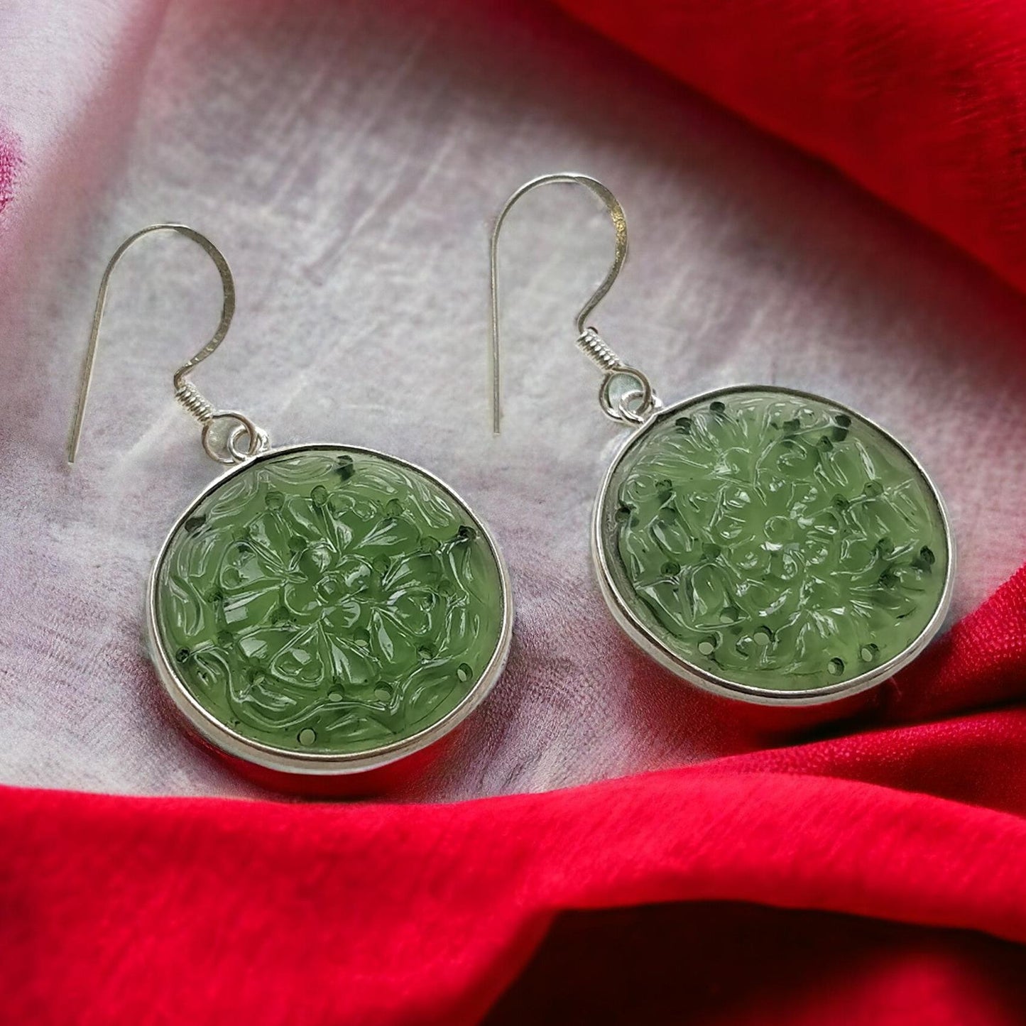 SERPENTINE Gemstone 925 Sterling Silver Earrings : 6.45gms(Approx) Natural Untreated Drop Dangle Round Shape Hook Earrings 1.75"