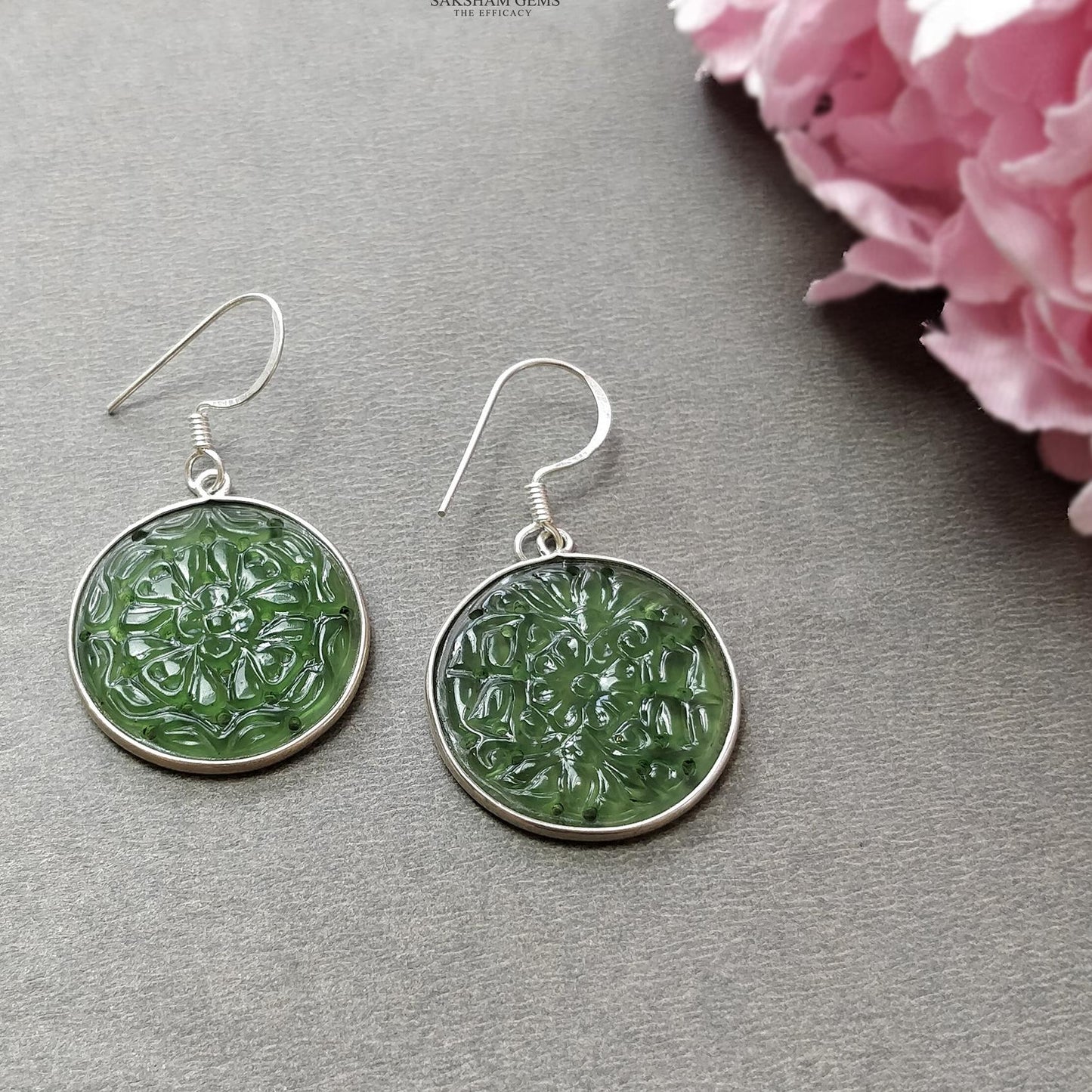 SERPENTINE Gemstone 925 Sterling Silver Earrings : 6.45gms(Approx) Natural Untreated Drop Dangle Round Shape Hook Earrings 1.75"