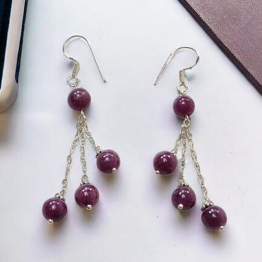 Ruby Gemstone 925 Sterling Silver Beaded Earrings : 8.27gms Natural Untreated Long Drop Dangle Ear Wire Hook Earrings 2.5"