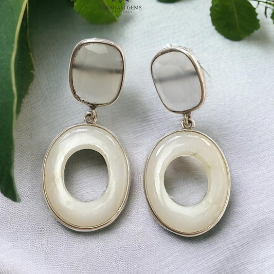 White Onyx 925 Sterling Silver Earrings : 8.50gms Natural Color Enhanced Fancy Shape Bezel Set 2.5" Drop Dangle Push Back Earrings
