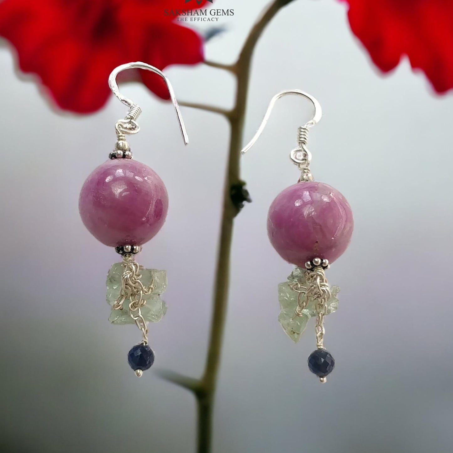 Beads Earring in Silver Zoisite RUBY & Emerald Gemstone: 12.33gms Natural Ruby Emerald 925 Silver Round Drop Dangle Hook Earrings 2.5"