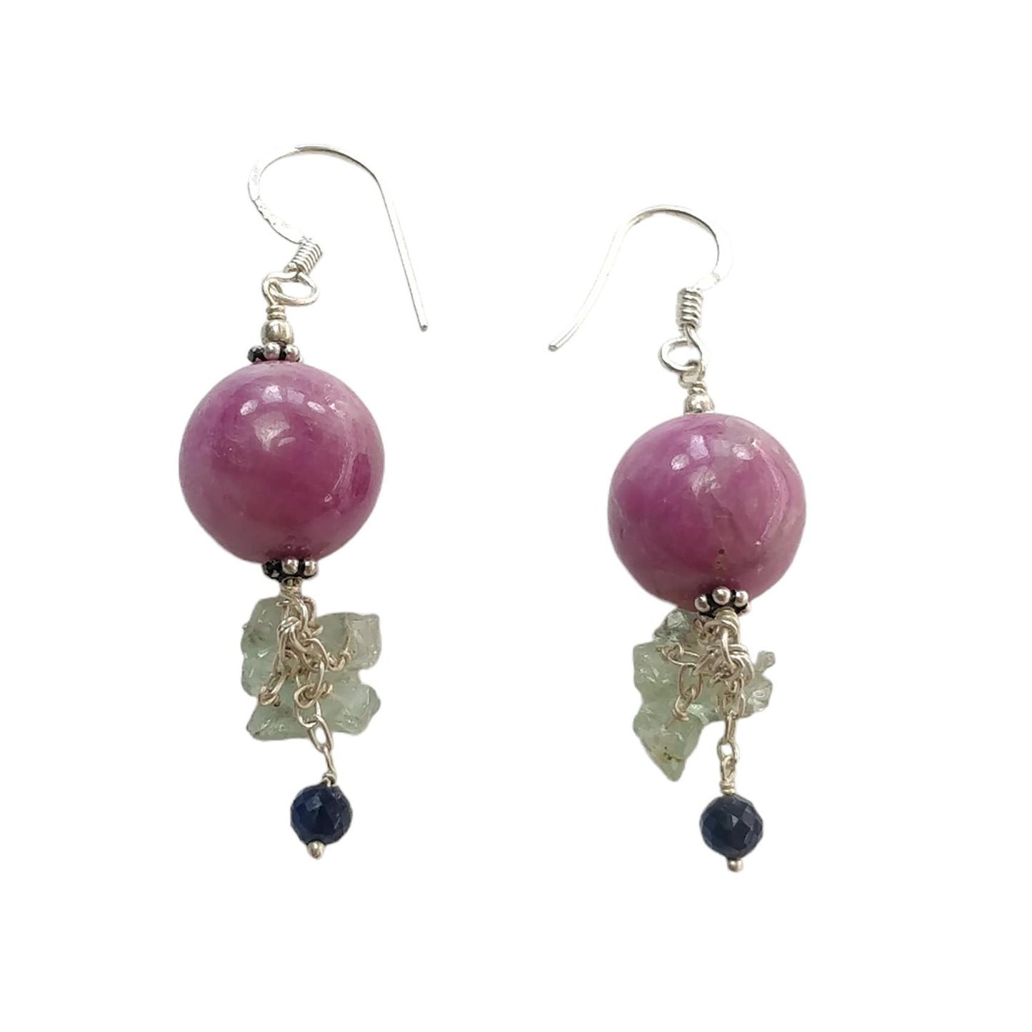 Beads Earring in Silver Zoisite RUBY & Emerald Gemstone: 12.33gms Natural Ruby Emerald 925 Silver Round Drop Dangle Hook Earrings 2.5"