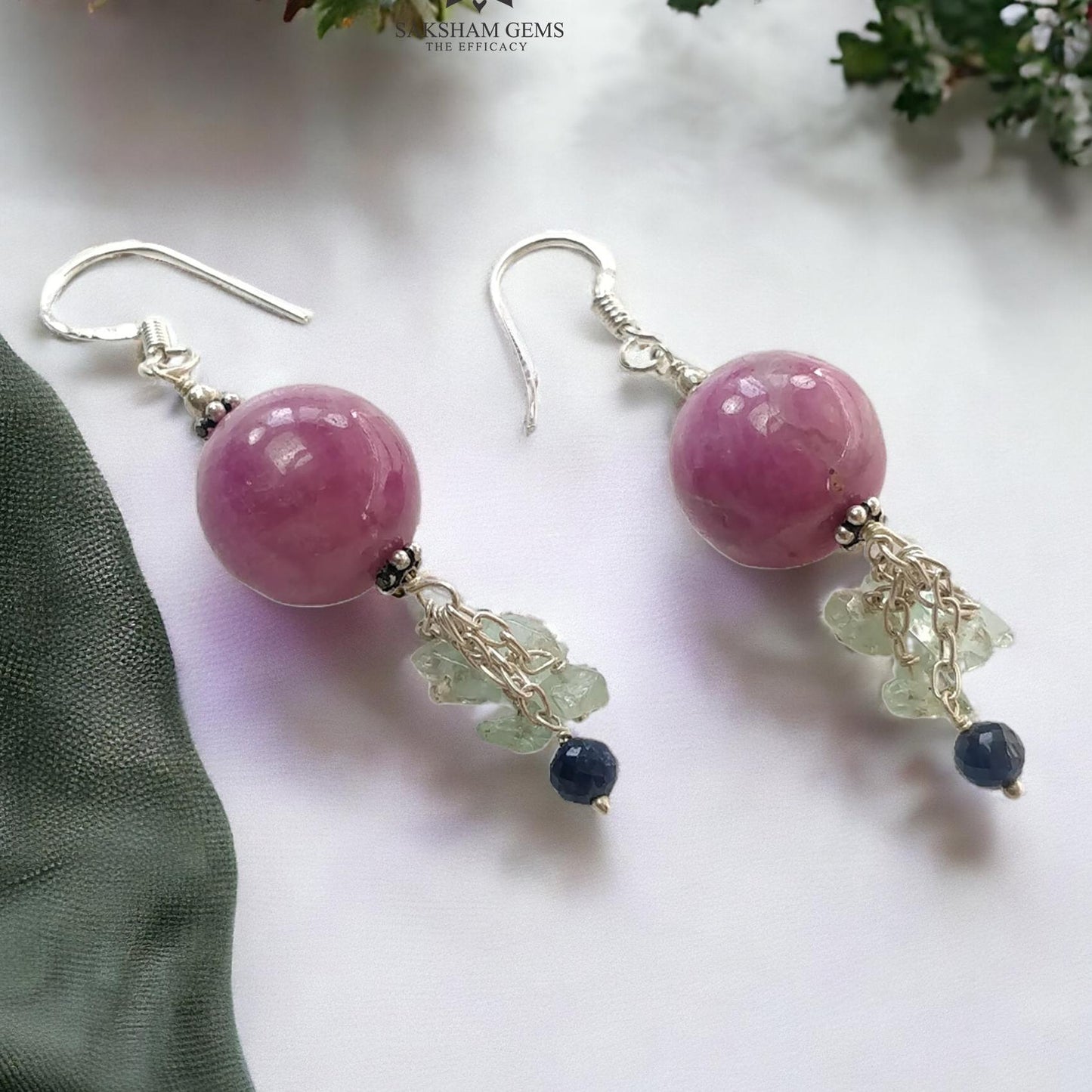 Beads Earring in Silver Zoisite RUBY & Emerald Gemstone: 12.33gms Natural Ruby Emerald 925 Silver Round Drop Dangle Hook Earrings 2.5"