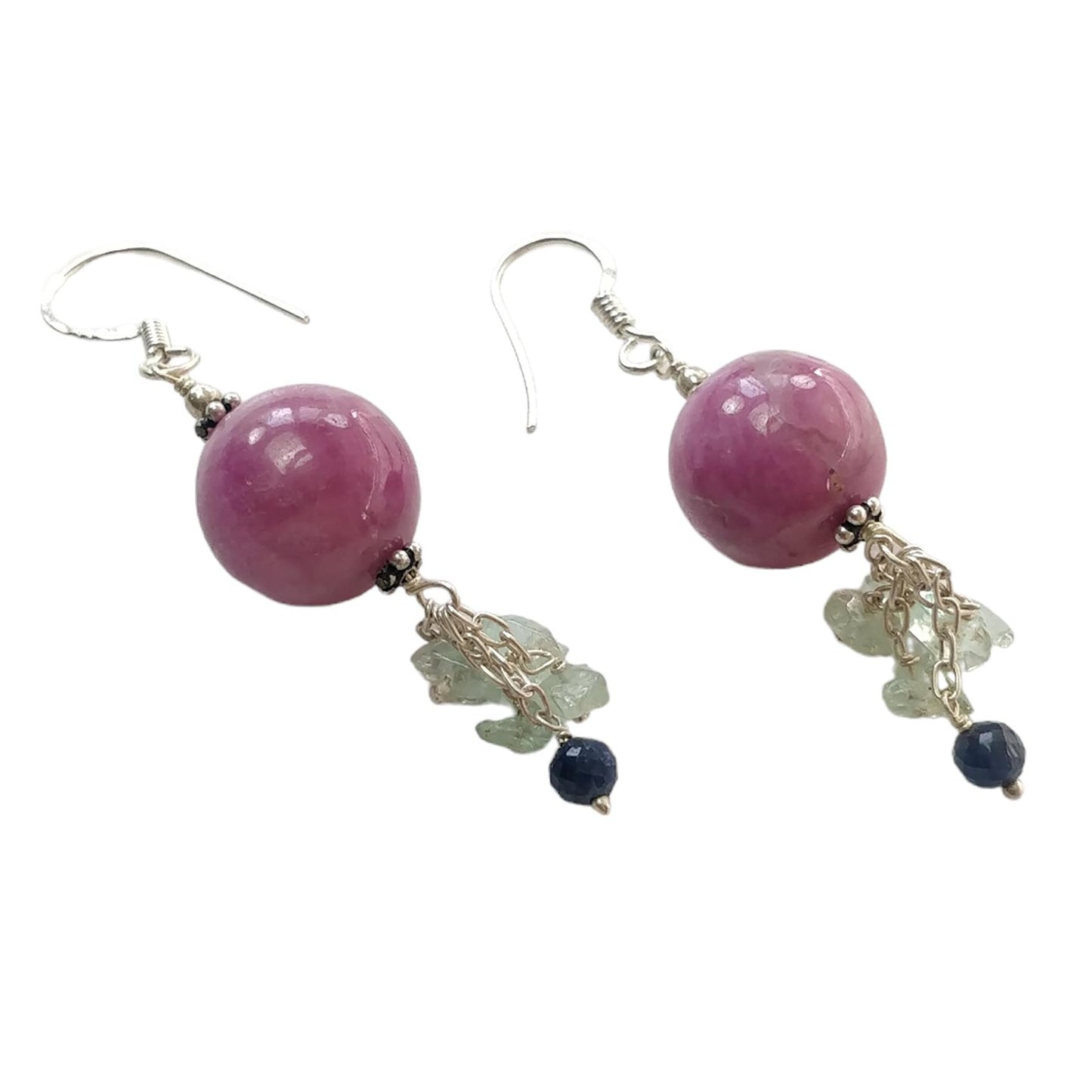 Beads Earring in Silver Zoisite RUBY & Emerald Gemstone: 12.33gms Natural Ruby Emerald 925 Silver Round Drop Dangle Hook Earrings 2.5"