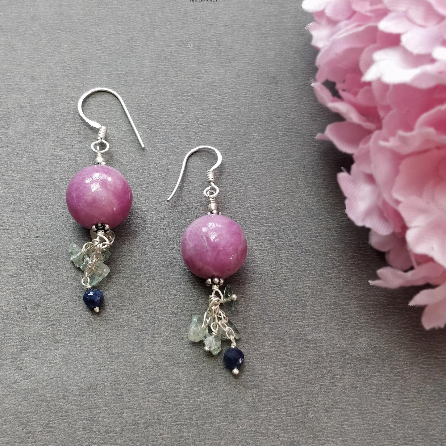 Beads Earring in Silver Zoisite RUBY & Emerald Gemstone: 12.33gms Natural Ruby Emerald 925 Silver Round Drop Dangle Hook Earrings 2.5"