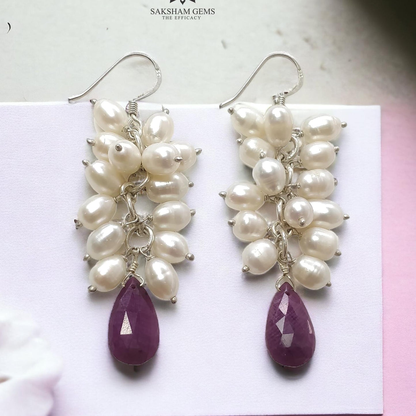 Beads Earring Ruby & Pearl Gemstone Silver Earring : 15.79gms Natural 925 Sterling Silver Drop Dangle Ear Wire Hook Beaded Earrings 2.5"