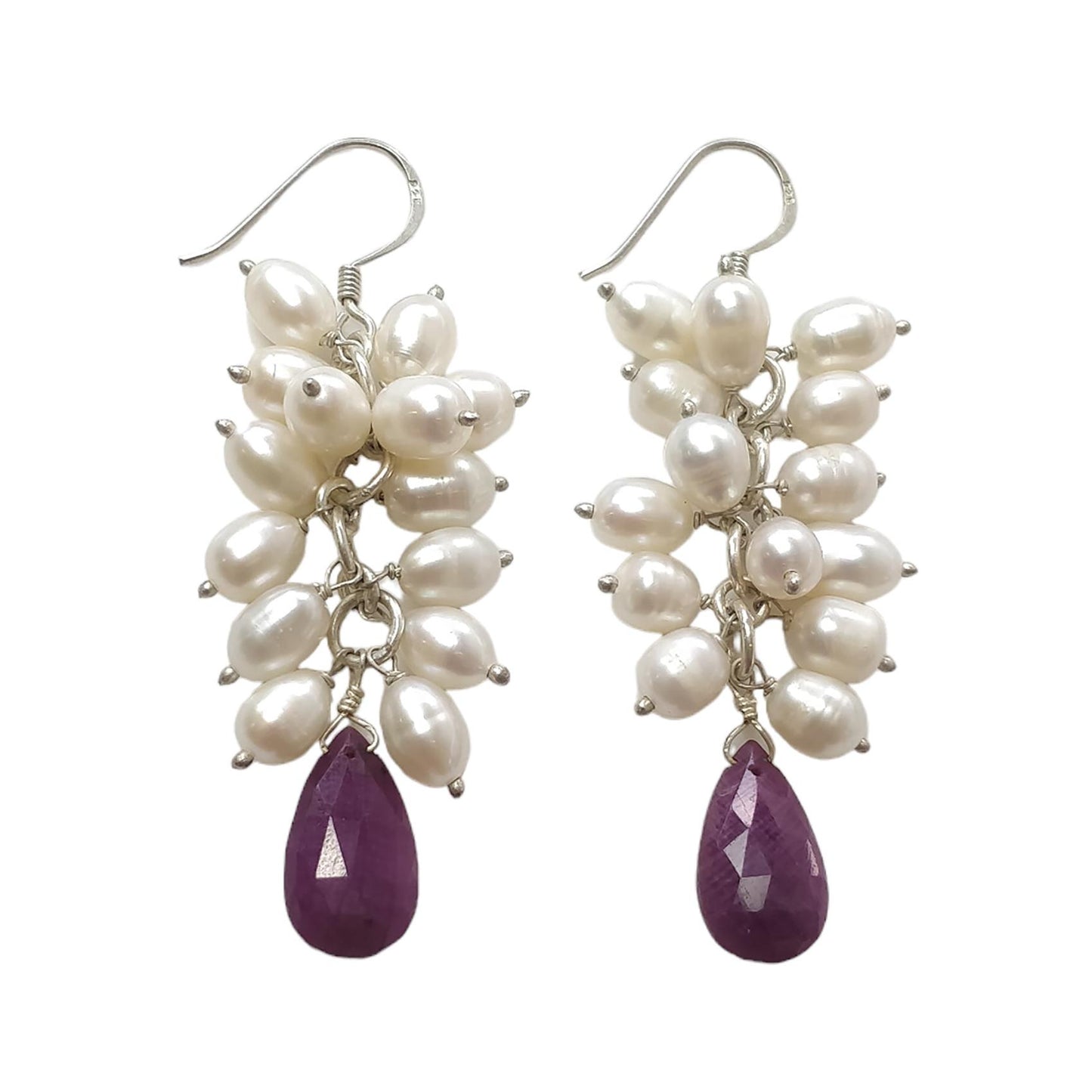 Beads Earring Ruby & Pearl Gemstone Silver Earring : 15.79gms Natural 925 Sterling Silver Drop Dangle Ear Wire Hook Beaded Earrings 2.5"