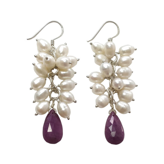 Beads Earring Ruby & Pearl Gemstone Silver Earring : 15.79gms Natural 925 Sterling Silver Drop Dangle Ear Wire Hook Beaded Earrings 2.5"
