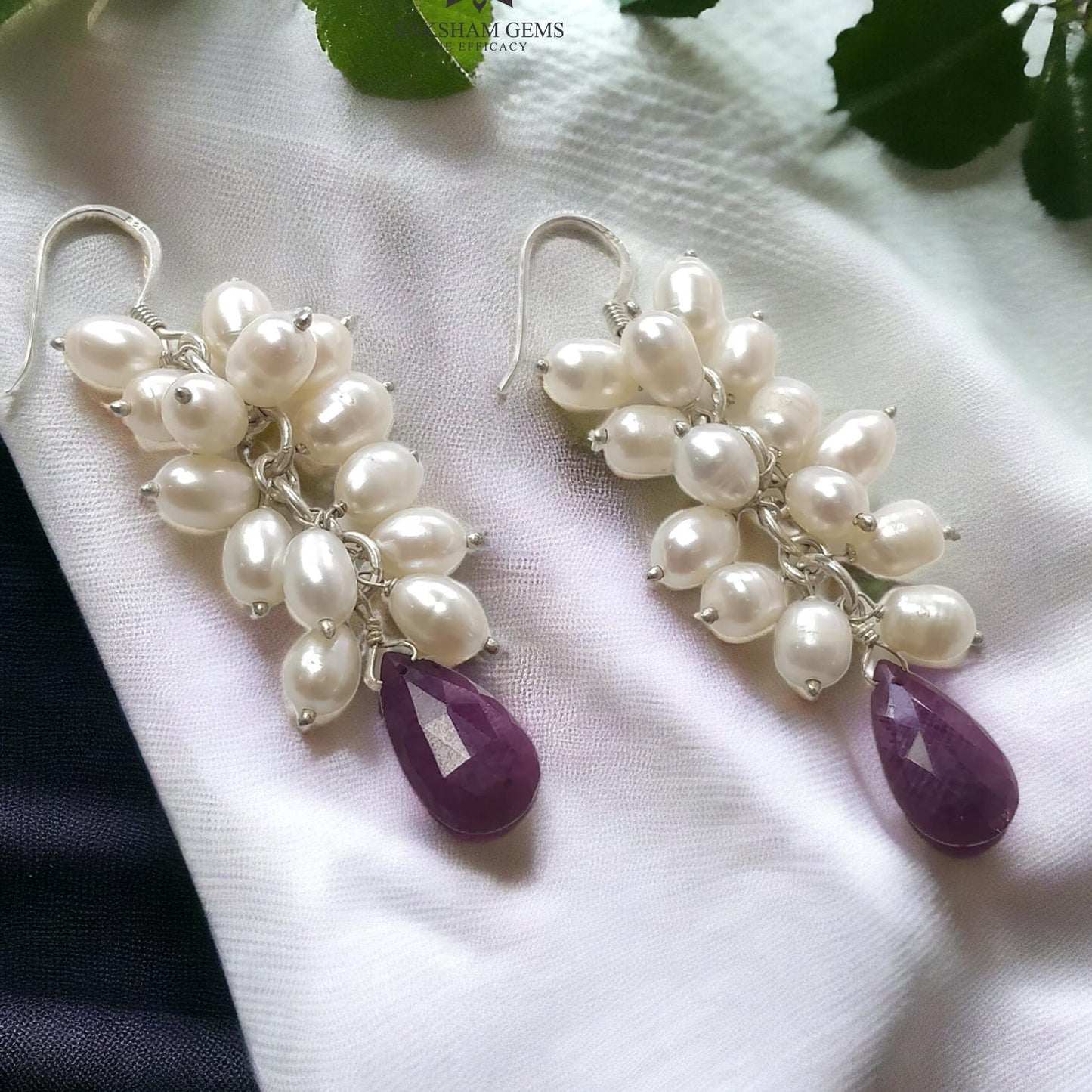 Beads Earring Ruby & Pearl Gemstone Silver Earring : 15.79gms Natural 925 Sterling Silver Drop Dangle Ear Wire Hook Beaded Earrings 2.5"