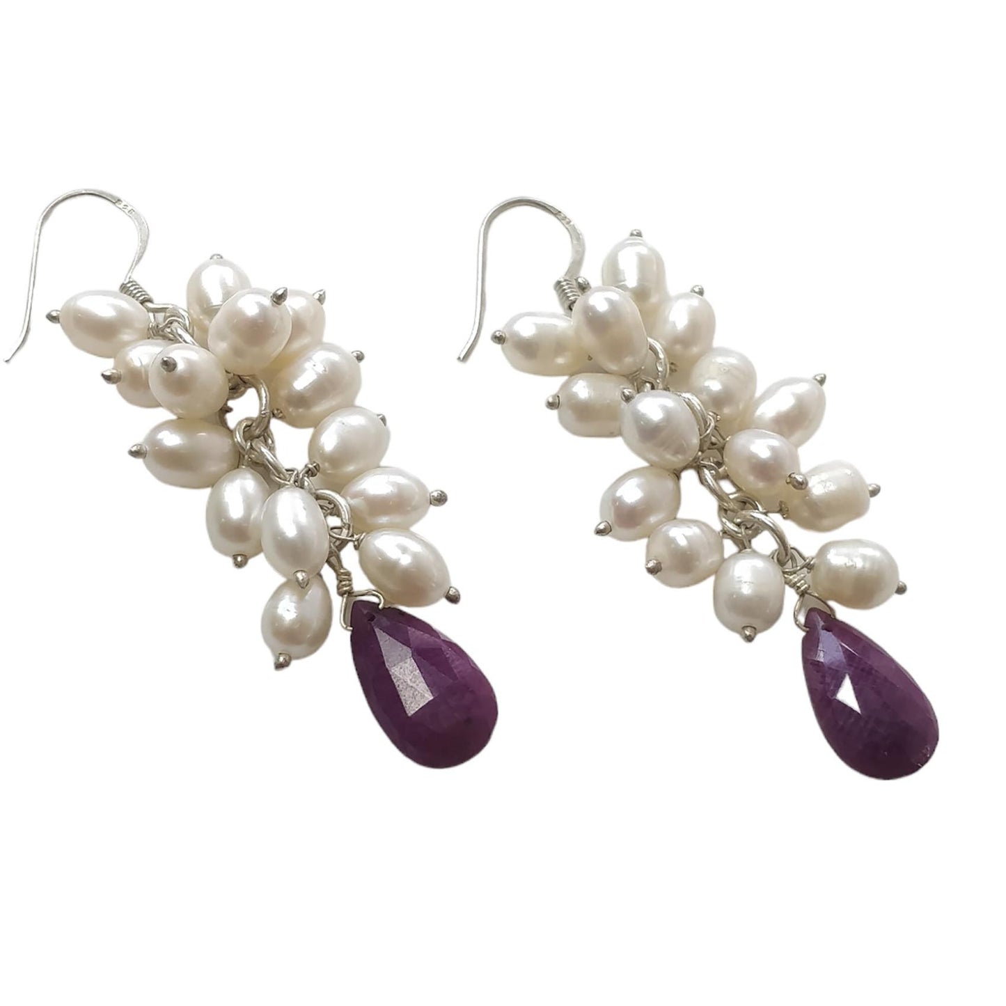 Beads Earring Ruby & Pearl Gemstone Silver Earring : 15.79gms Natural 925 Sterling Silver Drop Dangle Ear Wire Hook Beaded Earrings 2.5"