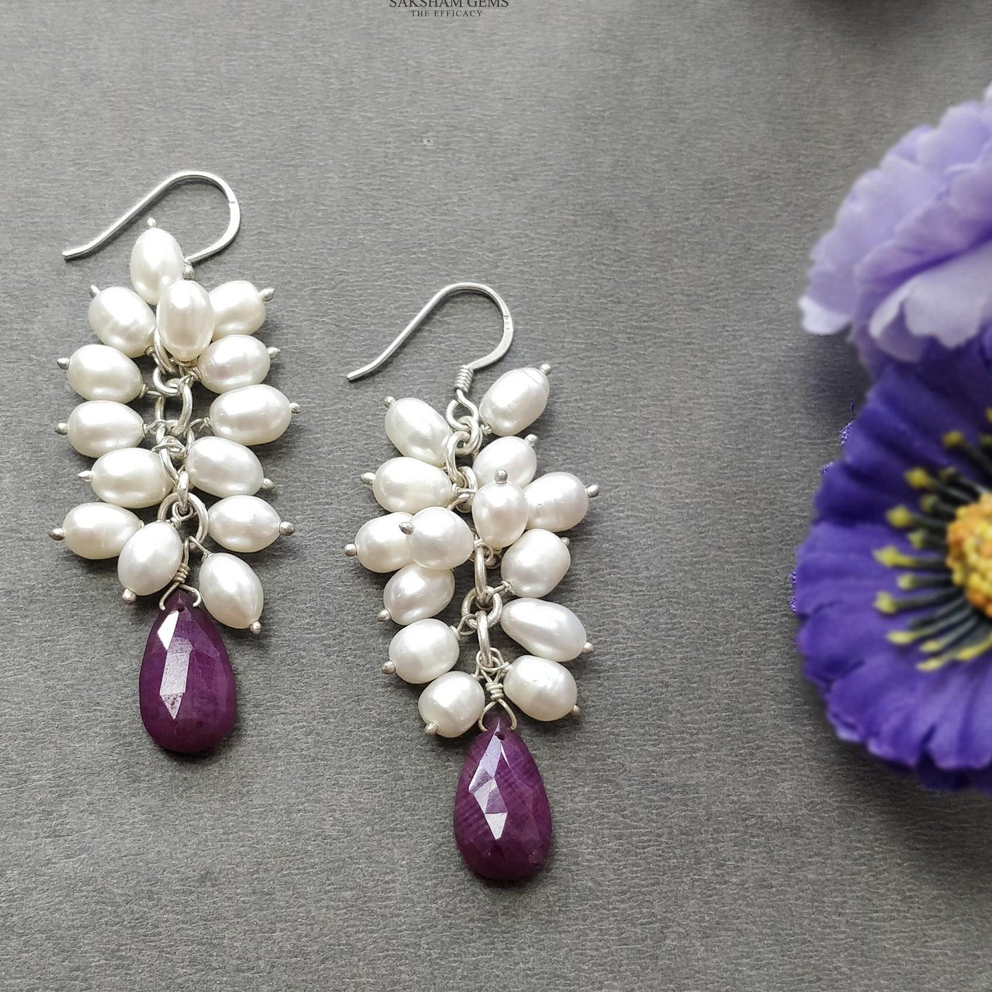 Beads Earring Ruby & Pearl Gemstone Silver Earring : 15.79gms Natural 925 Sterling Silver Drop Dangle Ear Wire Hook Beaded Earrings 2.5"