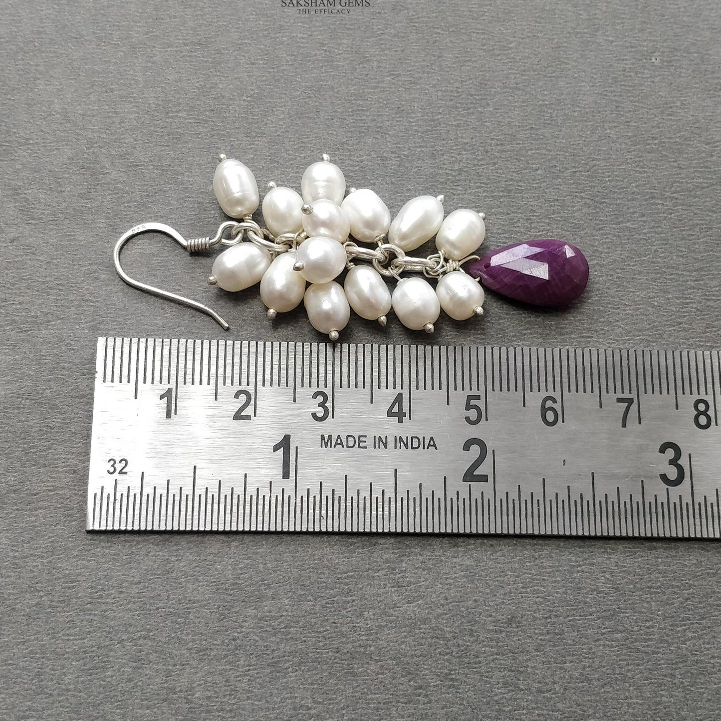 Beads Earring Ruby & Pearl Gemstone Silver Earring : 15.79gms Natural 925 Sterling Silver Drop Dangle Ear Wire Hook Beaded Earrings 2.5"