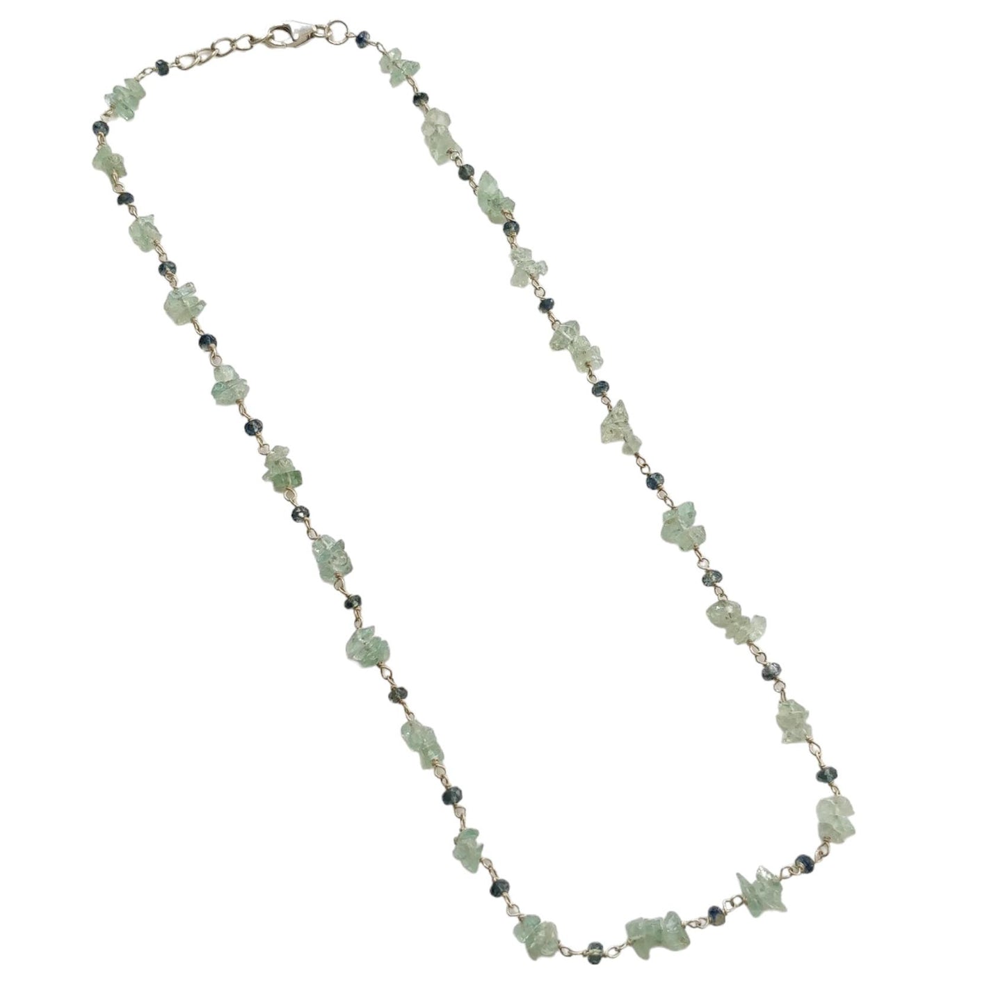925 Sterling Silver Green Emerald And Blue Sapphire Gemstones Uncut Beads Chain NECKLACE 7.70gms Natural Beaded Necklace 16"