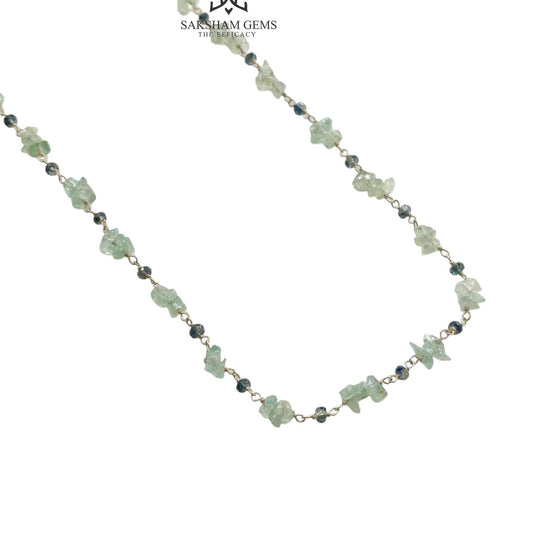 925 Sterling Silver Green Emerald And Blue Sapphire Gemstones Uncut Beads Chain NECKLACE 7.70gms Natural Beaded Necklace 16"