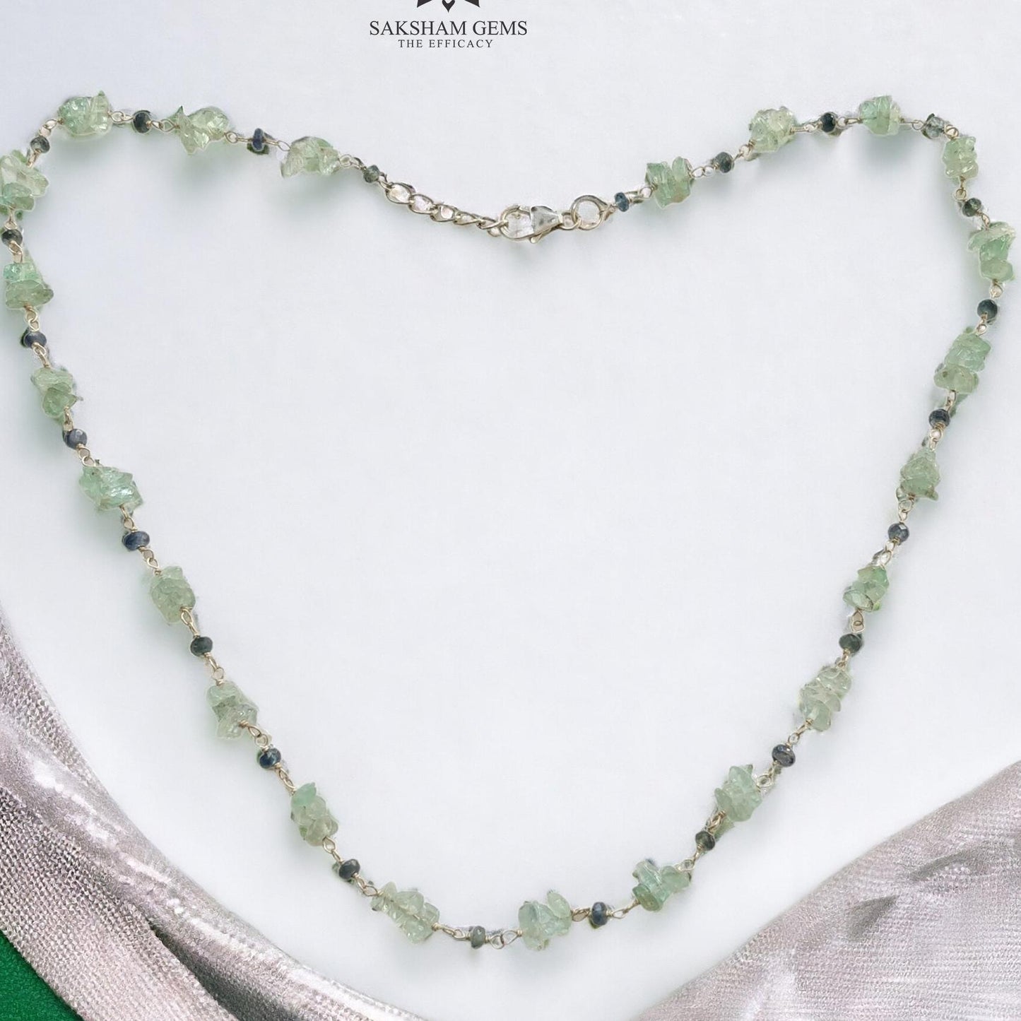 925 Sterling Silver Green Emerald And Blue Sapphire Gemstones Chain NECKLACE 8.00gms Natural Uncut Beads Necklace 17"