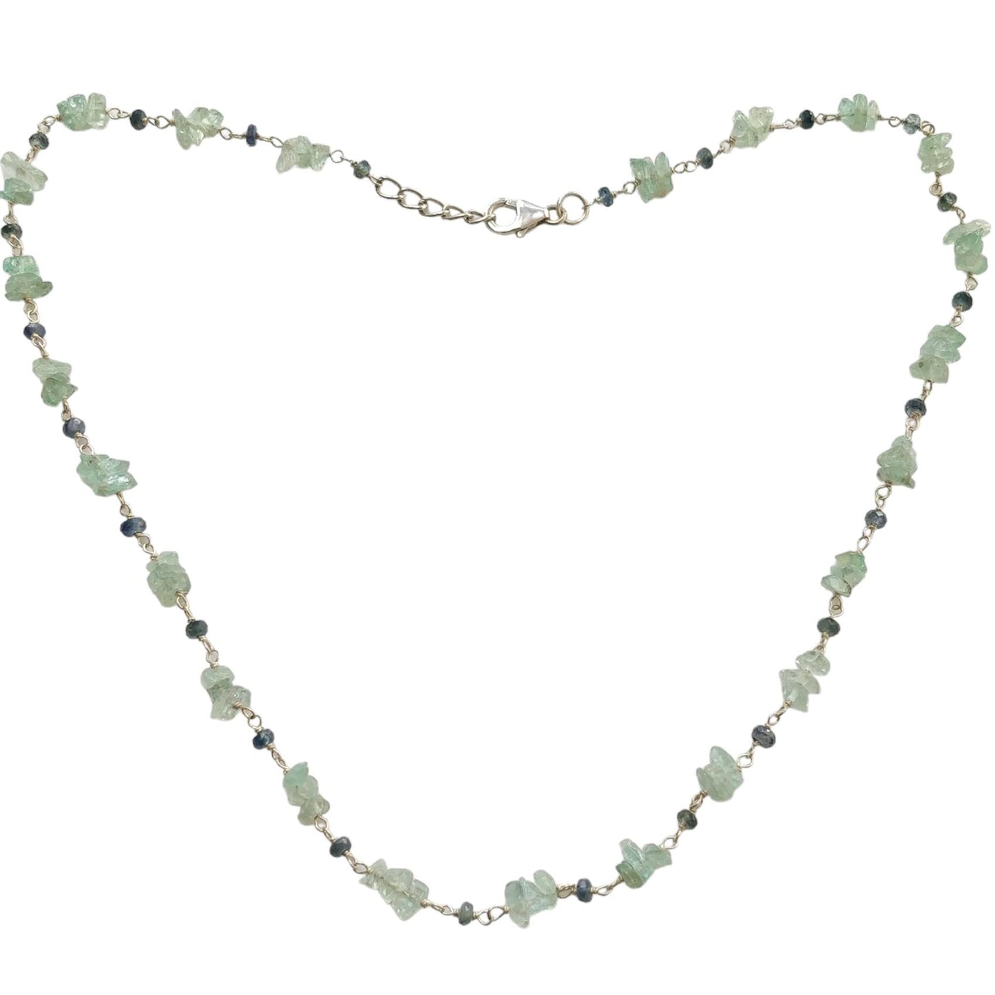 925 Sterling Silver Green Emerald And Blue Sapphire Gemstones Chain NECKLACE 8.00gms Natural Uncut Beads Necklace 17"