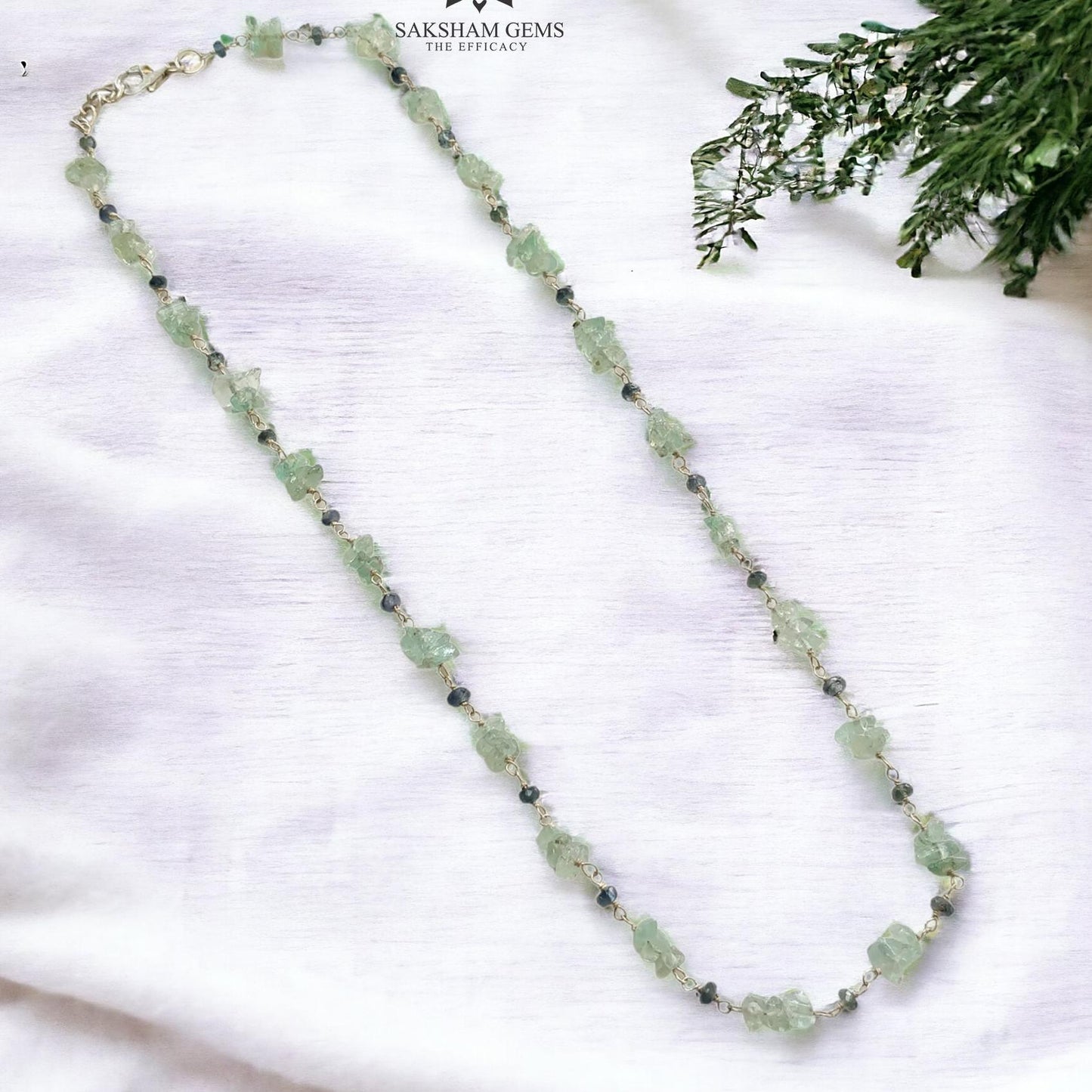 925 Sterling Silver Green Emerald And Blue Sapphire Gemstones Chain NECKLACE 8.00gms Natural Uncut Beads Necklace 17"