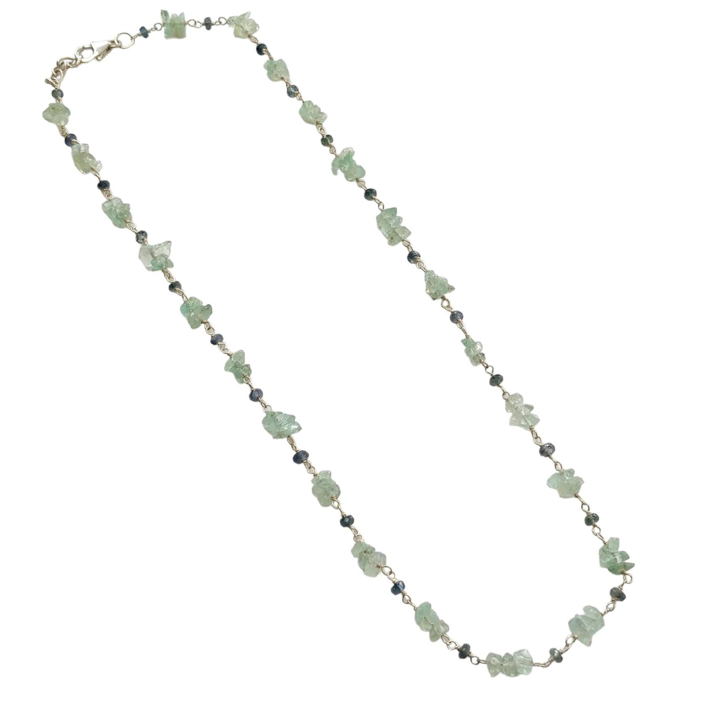 925 Sterling Silver Green Emerald And Blue Sapphire Gemstones Chain NECKLACE 8.00gms Natural Uncut Beads Necklace 17"