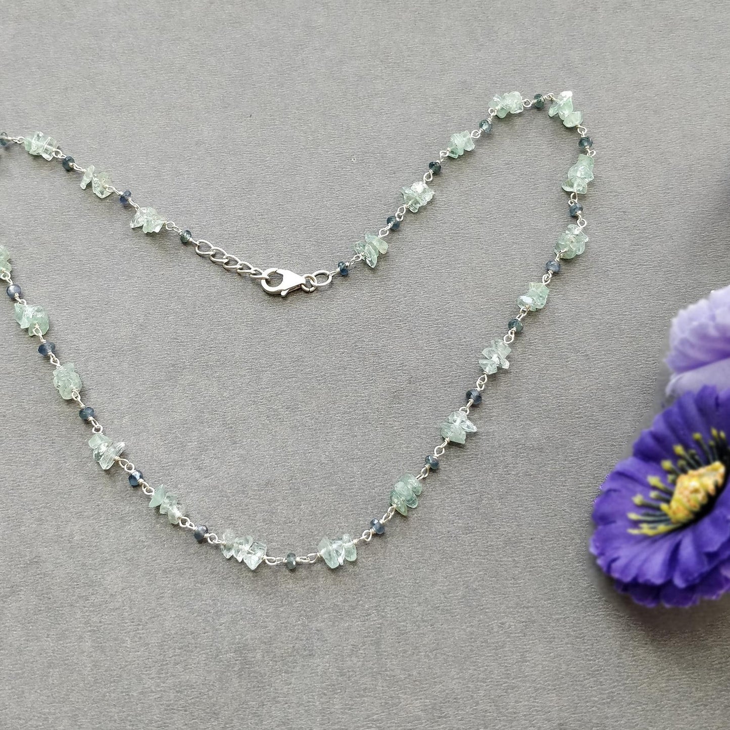 925 Sterling Silver Green Emerald And Blue Sapphire Gemstones Chain NECKLACE 8.00gms Natural Uncut Beads Necklace 17"