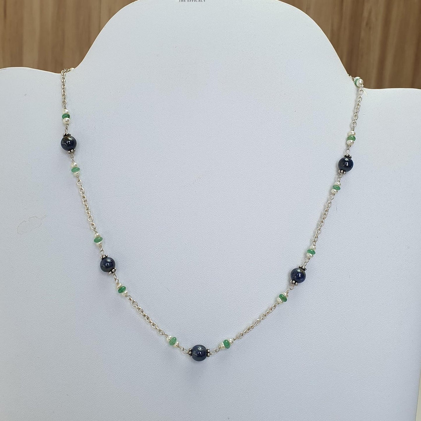 Blue Sapphire Green Emerald And White Pearl Natural Gemstones Round Beads 925 Sterling Silver 10.26gms NECKLACE Chain 18"