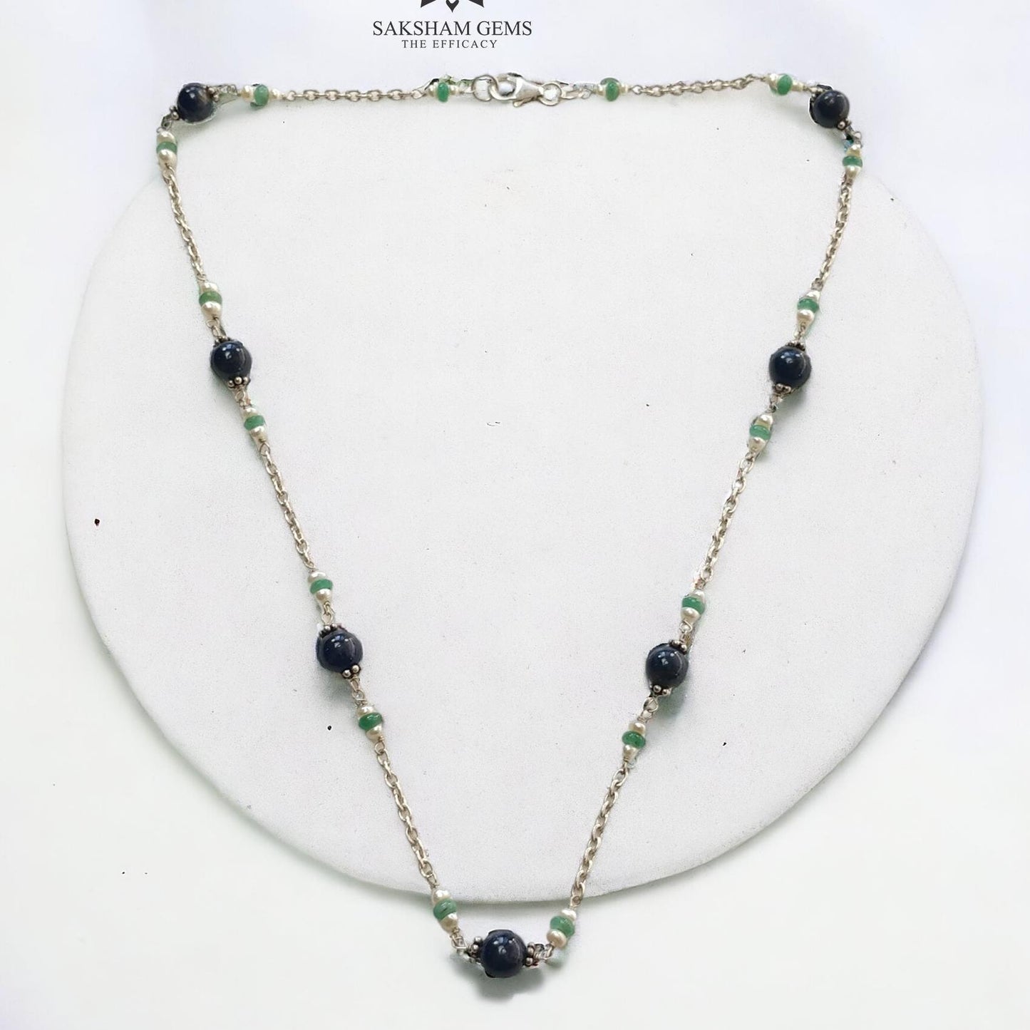 Blue Sapphire Green Emerald And White Pearl Natural Gemstones Round Beads 925 Sterling Silver 10.26gms NECKLACE Chain 18"