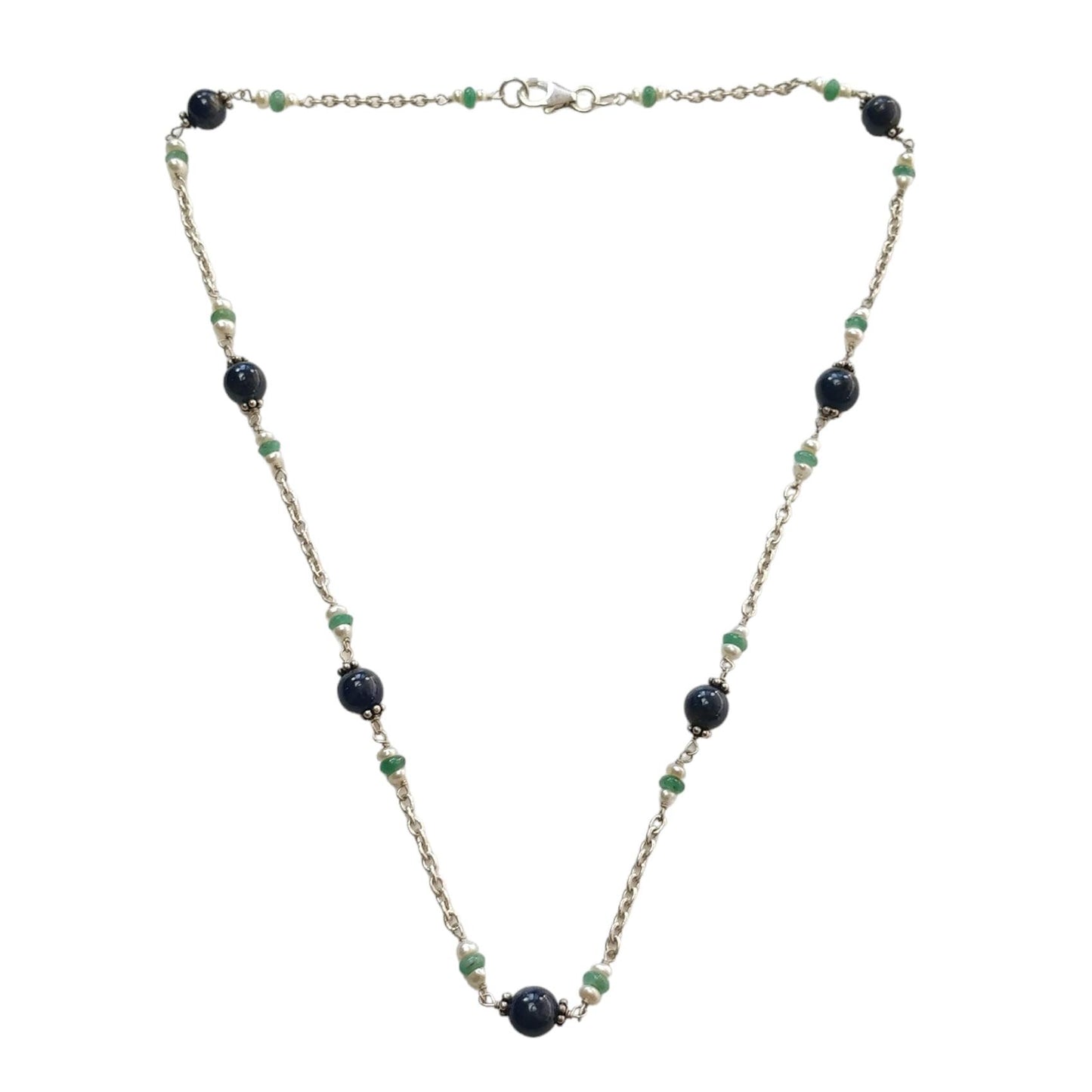 Blue Sapphire Green Emerald And White Pearl Natural Gemstones Round Beads 925 Sterling Silver 10.26gms NECKLACE Chain 18"