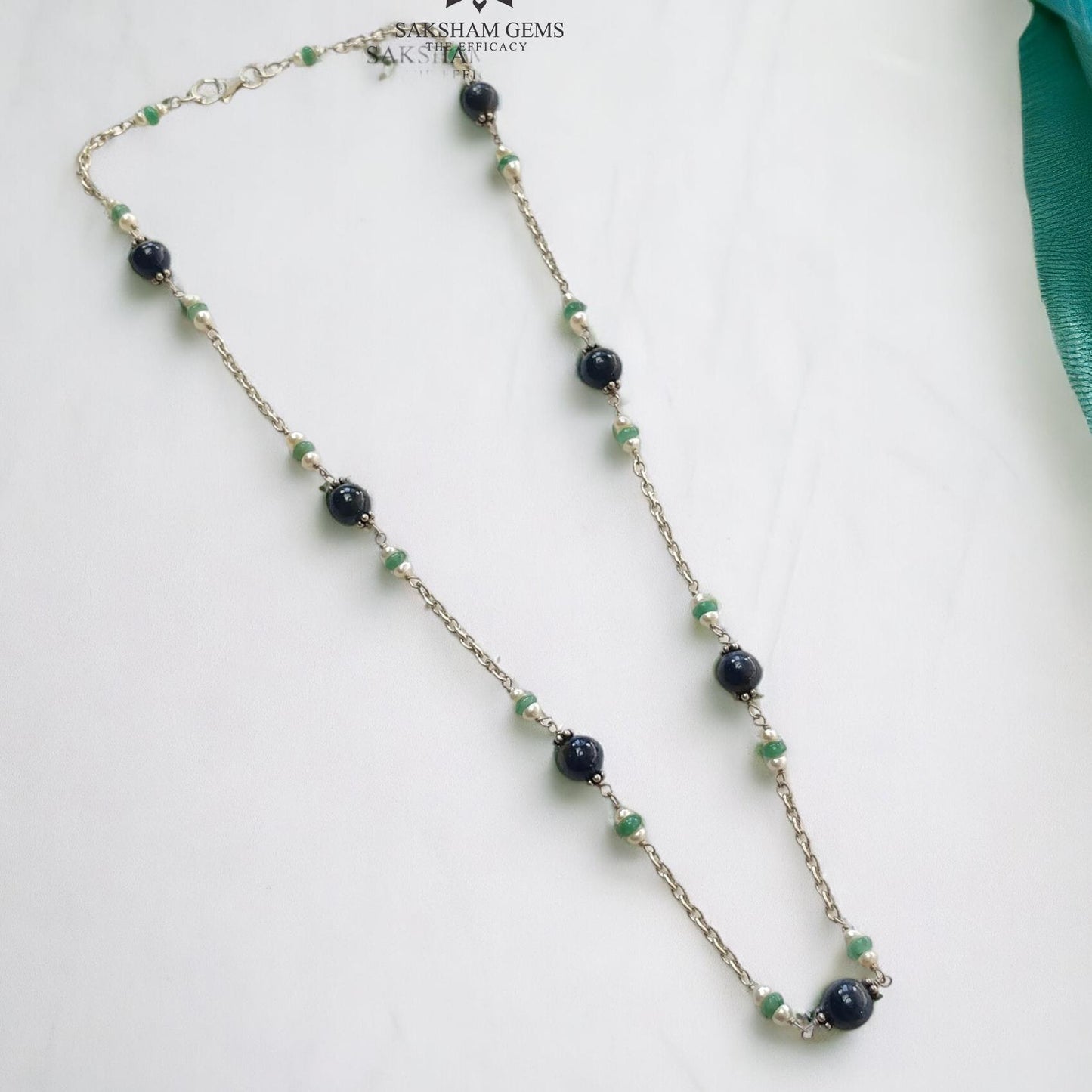 Blue Sapphire Green Emerald And White Pearl Natural Gemstones Round Beads 925 Sterling Silver 10.26gms NECKLACE Chain 18"